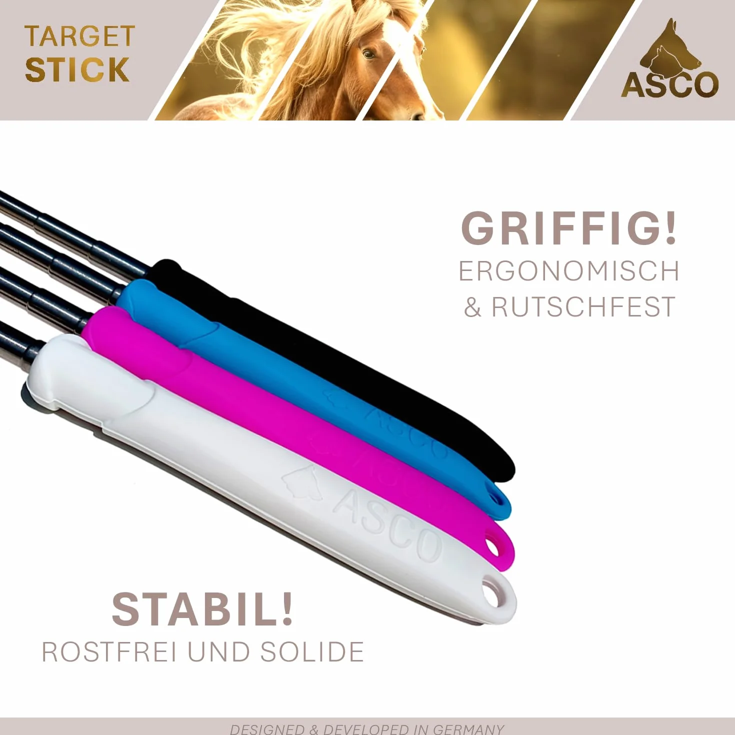 ASCO Target Stick AC01TS bransoletka ze stretchu dla psów, kotów, koni, trening i edukacja, stal nierdzewna, celownik teleskopowy, 17-73 cm, czarny