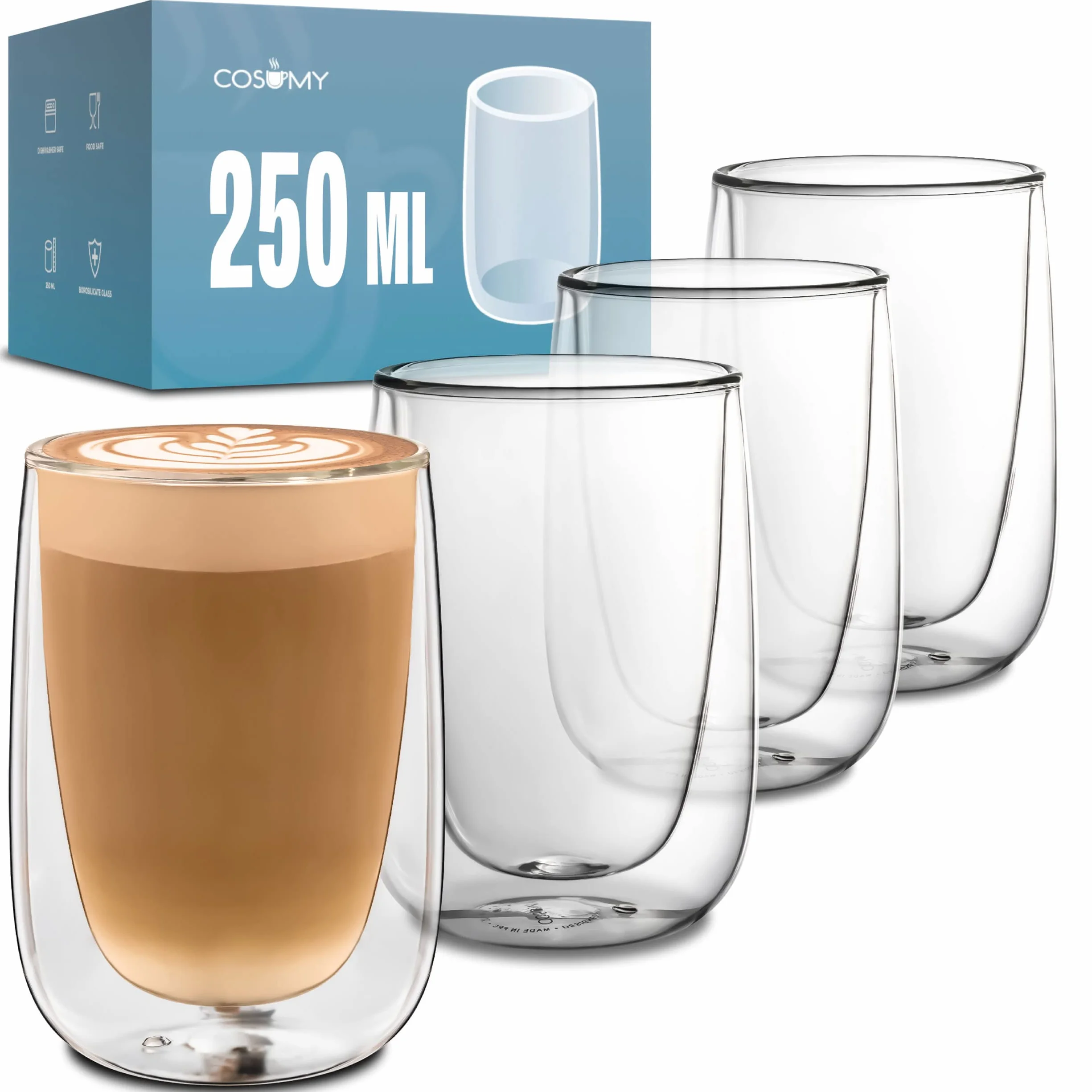 Cosumy 4 Szklanki termiczne do cappuccino o podwójnych ściankach 250 ml - dłużej utrzymują temperaturę - chronią dłonie - z pudełkiem prezentowym