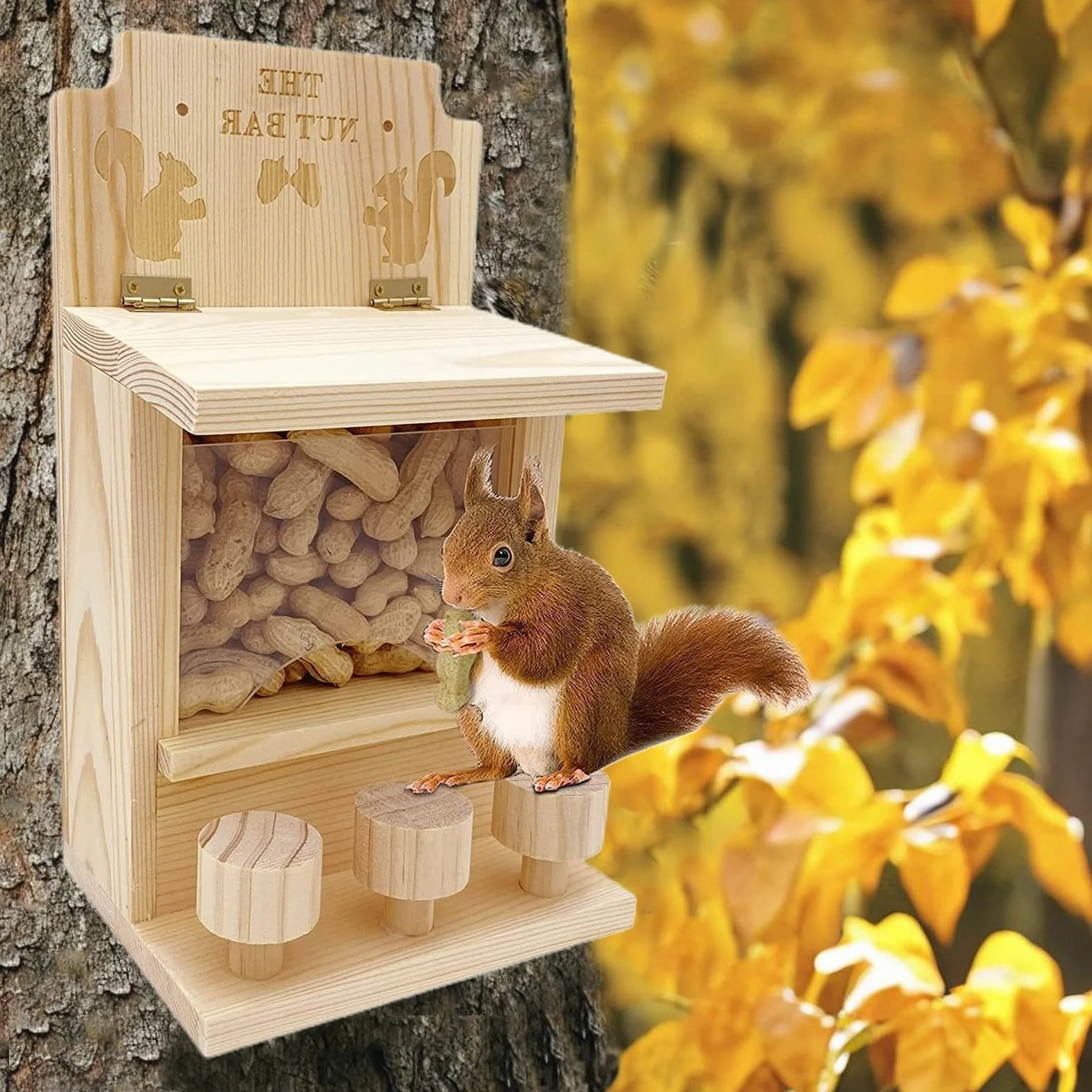 Karmnik sto?owy dla wiewiórek, drewniany karmnik dla wiewiórek, karmnik dla wiewiórek, do u?ytku zewn?trz, wielofunkcyjny karmnik dla wiewiórek, domek do karmienia wiewiórki, podwórko ogrodowe