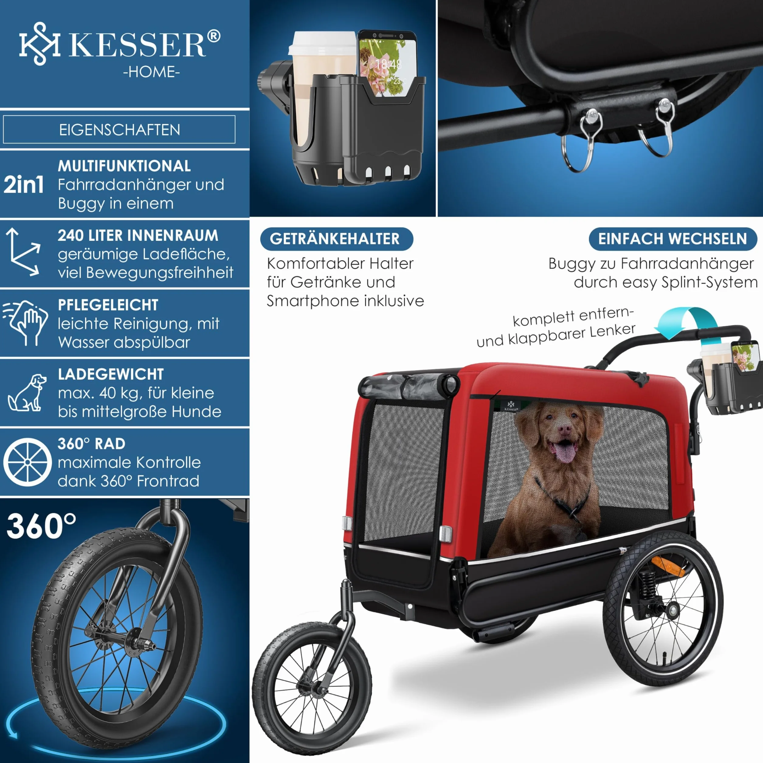 KESSER® Przyczepa dla psa 3 w 1 pies bug & jogger przyczepka rowerowa duża pojemność ok. 240 litrów, sprężyna, materiał: płótno 600D, SmartSpace Concept, maksymalne obciążenie: 40 kg