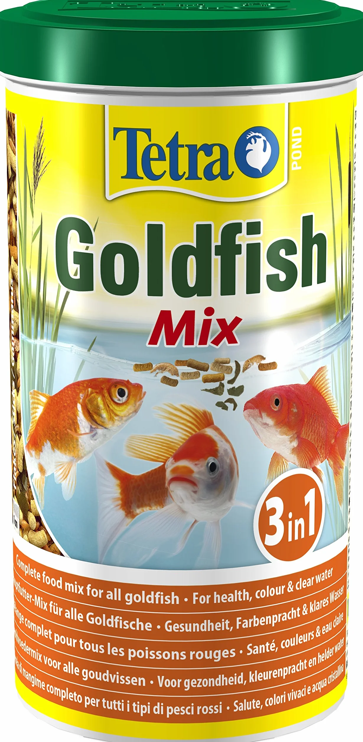 Tetra Pond Goldfish karma dla ryb – miks 3 w 1 z płatkami, patyczkami i gammarusem dla wszystkich złotych ryb i ryb z zimnej wody w oczku wodnym, puszka 1 l