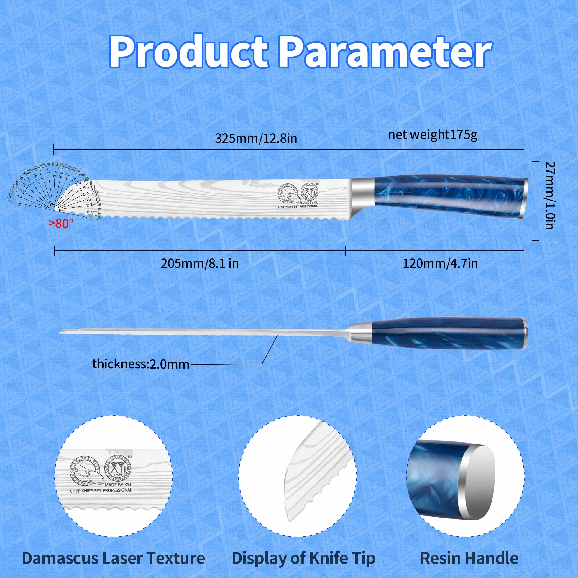 XYJ Bread Knife 8 Inch,Stainless Steel,Serrated Blade Knife,Laser Damascus Pattern Serrated Bread Knife With Sheath Case,Resin Handle for Women Men