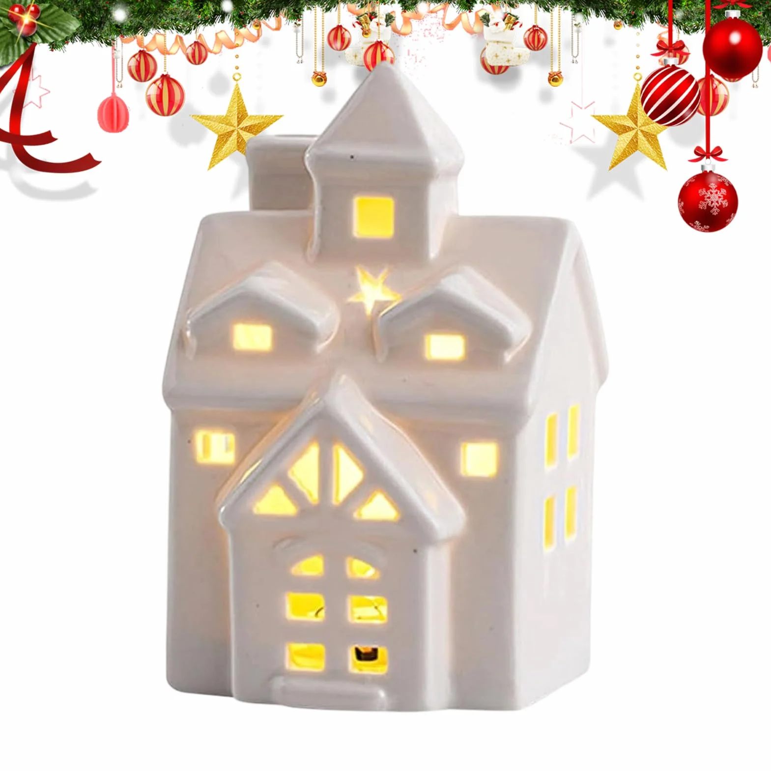 Ceramiczne domki świąteczne, miniaturowa dekoracja wioski świątecznej z oświetleniem LED, porcelanowe ręcznie robione domki świąteczne do świątecznego wystroju wnętrz, zasilane bateriami, ciepłe białe