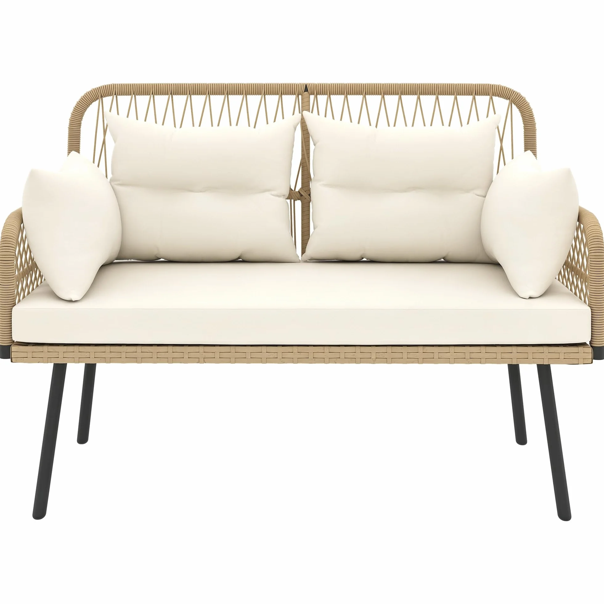Outsunny Sofa Ogrodowa z Poduszkami 2-osobowa Sofa Balkonowa Rattanowa Sofa Polirattan Meble Ogrodowe 115 x 61 x 82 cm Naturalne Drewno