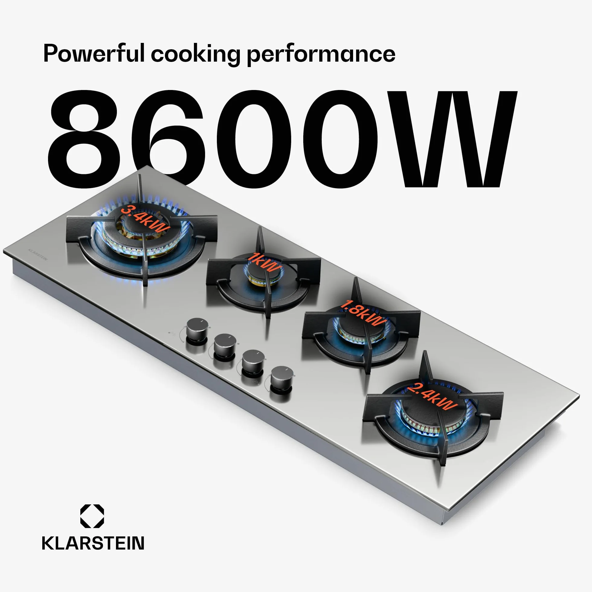 Klarstein Goldflame 4 Slim Płyta gazowa, 4 palniki mosiężne, 3,4kW, 2,4kW, 1,8kW, 1kW, Zapłon SnapJet, Zabezpieczenie przeciwwypływowe, Kuchenka z żeliwnymi krzyżakami, Stal, W zestawie wąż i reduktor