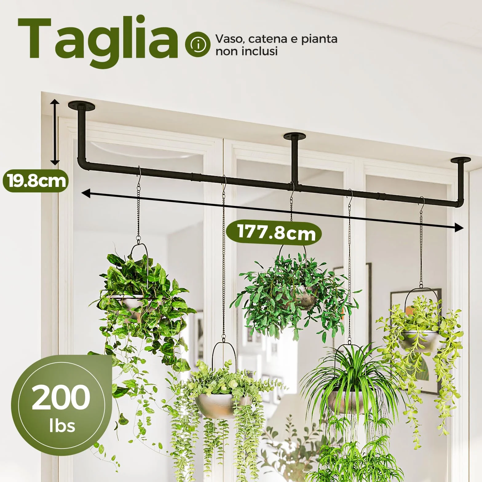 Bamworld Wieszak na rośliny do wewnątrz, 178 cm, wiszący drążek na rośliny, uchwyt na rośliny, metalowy pręt, doniczki nie są dołączone