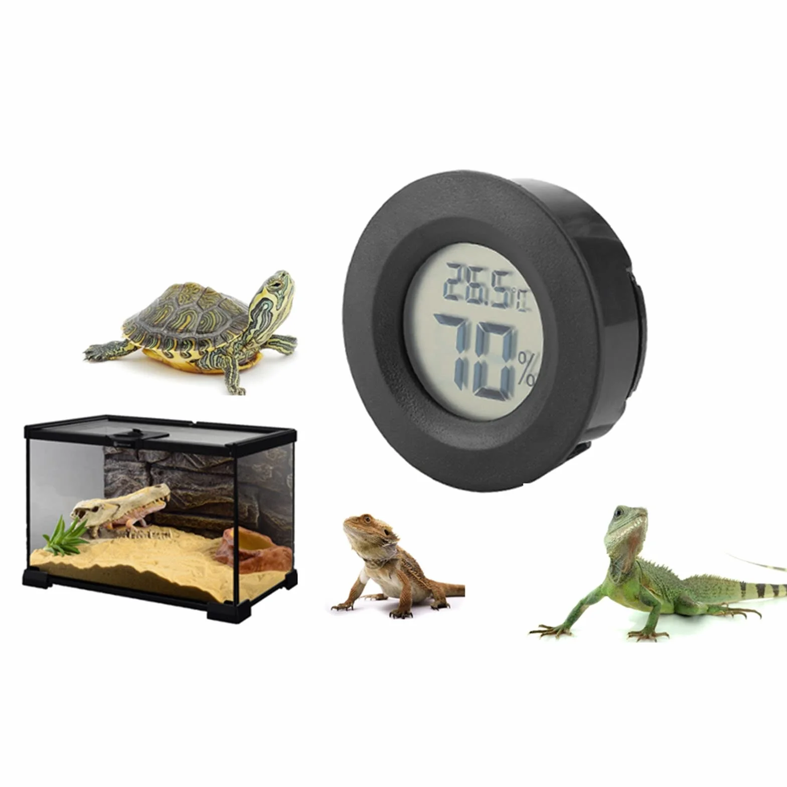 Cyfrowy mini termometr LCD z higrometrem Terrarium Okrągły miernik wilgotności dla gadów czarny