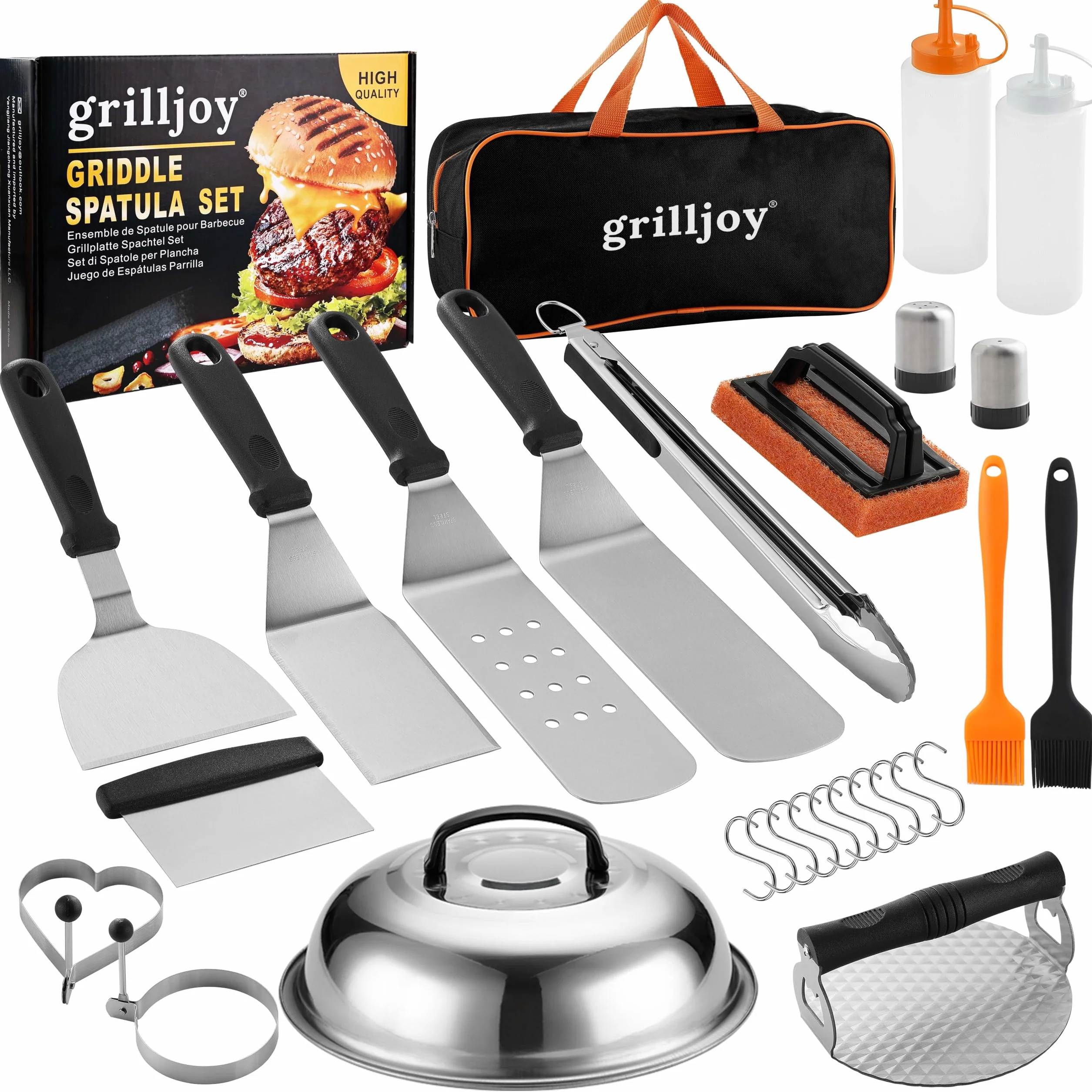 Grilljoy Plancha zestaw akcesoriów ze stali nierdzewnej, Zestaw do Smash Burgera z szpatułką do grilla, prasa do burgerów, 28 akcesoria do grilla dla mężczyzn