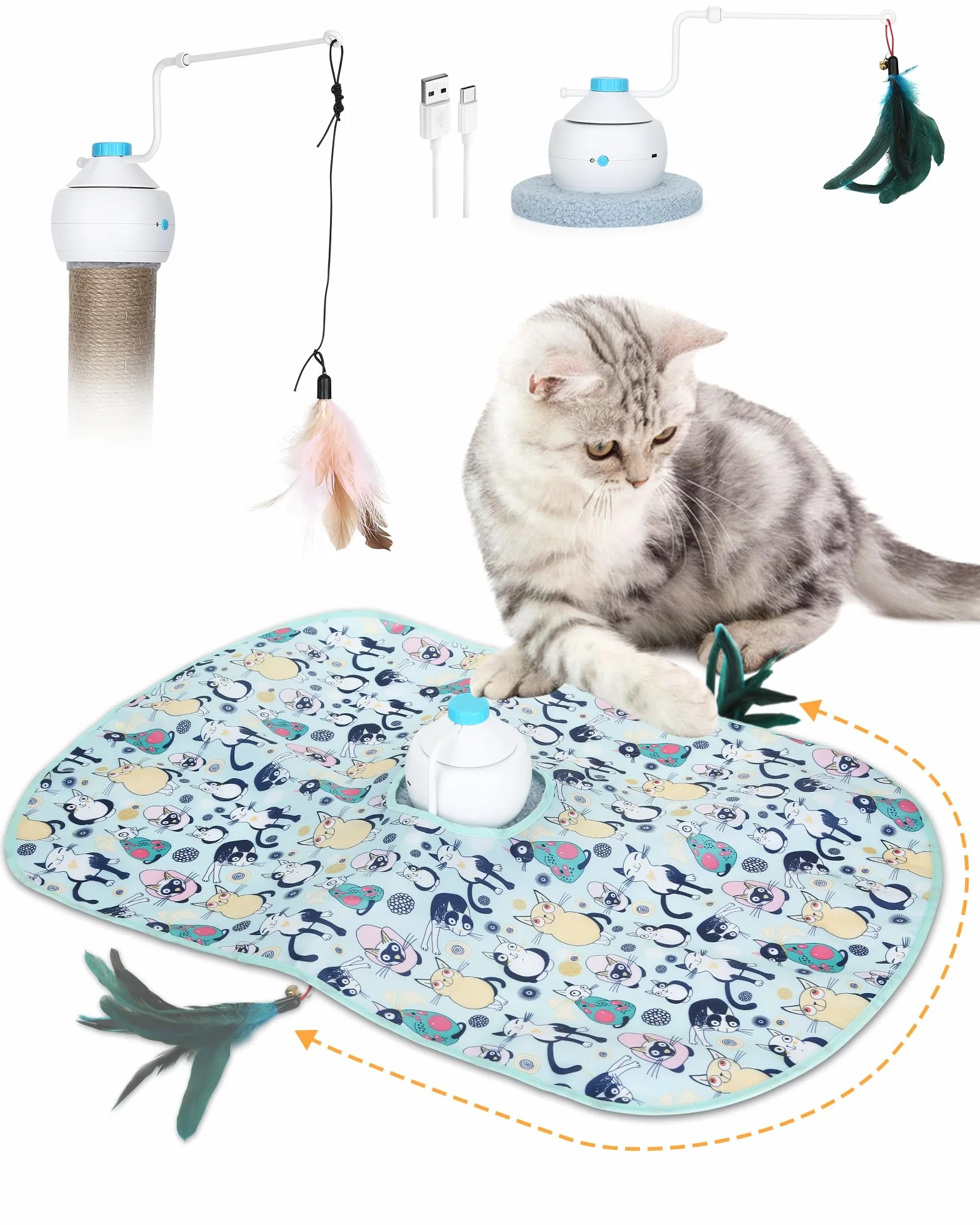 HAPPY HACHI Zabawka interaktywna dla kota 3 w 1 automatyczne obracanie 360° ładowana USB elektryczna jasnoniebieska