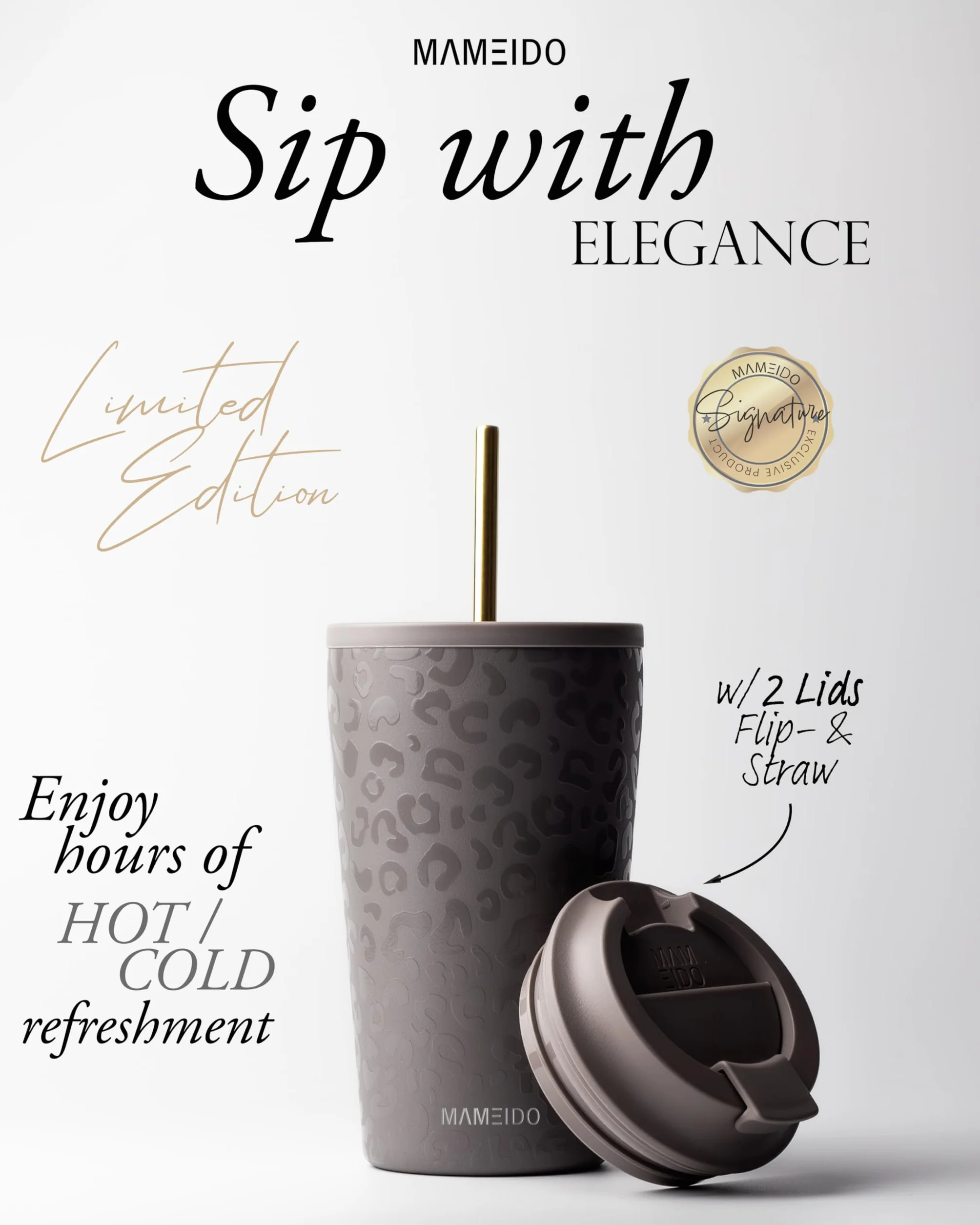 MAMEIDO kubek termiczny ze słomką 470 ml, kubek do picia z pokrywką i słomką ze stali nierdzewnej z podwójną ścianką izolowany, szczelny kubek coffee to go (Sleek Leo)