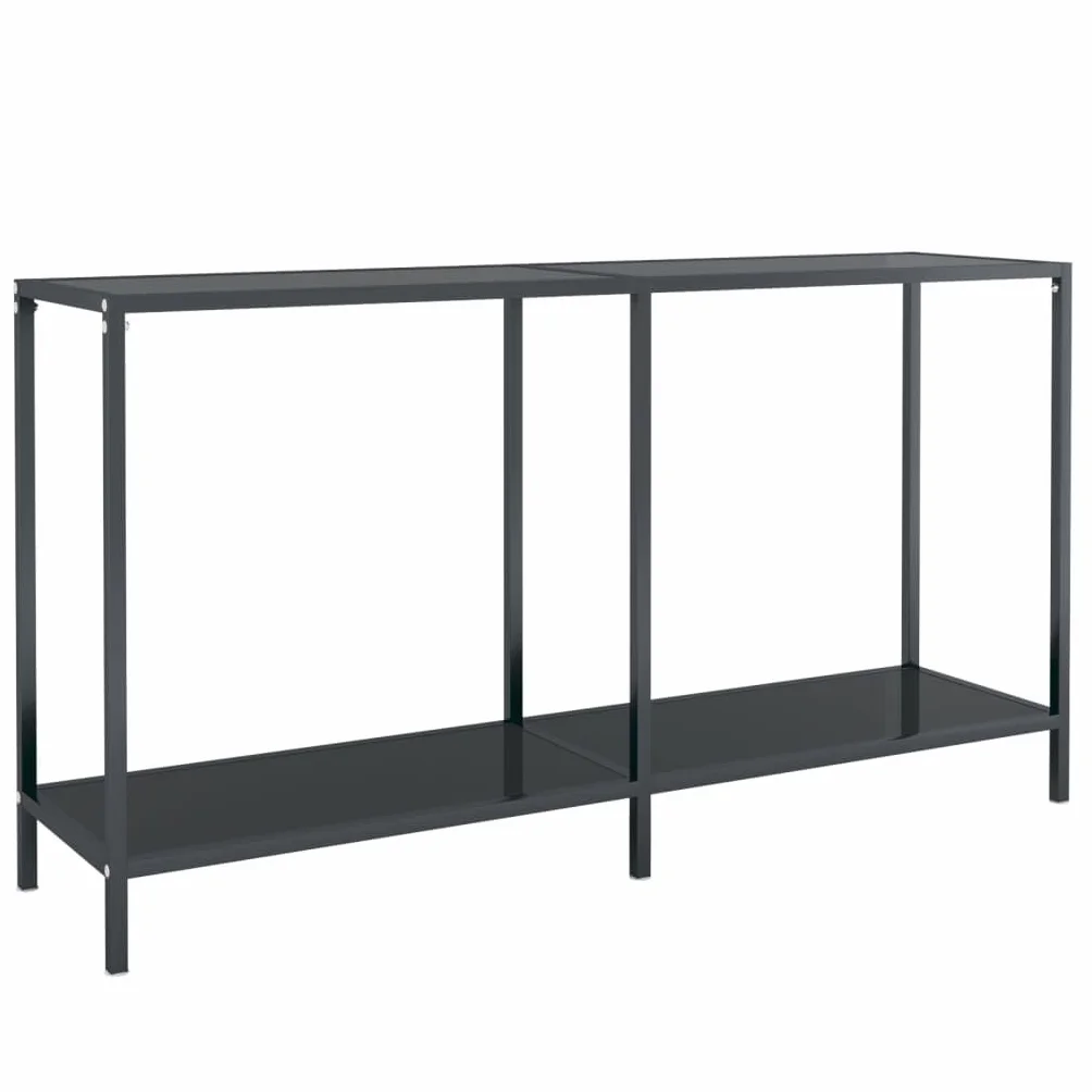 Czarny stolik konsolowy 140 x 35 x 75,5 cm ze szkła hartowanego i stali malowanej proszkowo, solidny stolik pomocniczy z półką do przechowywania, łatwy do czyszczenia