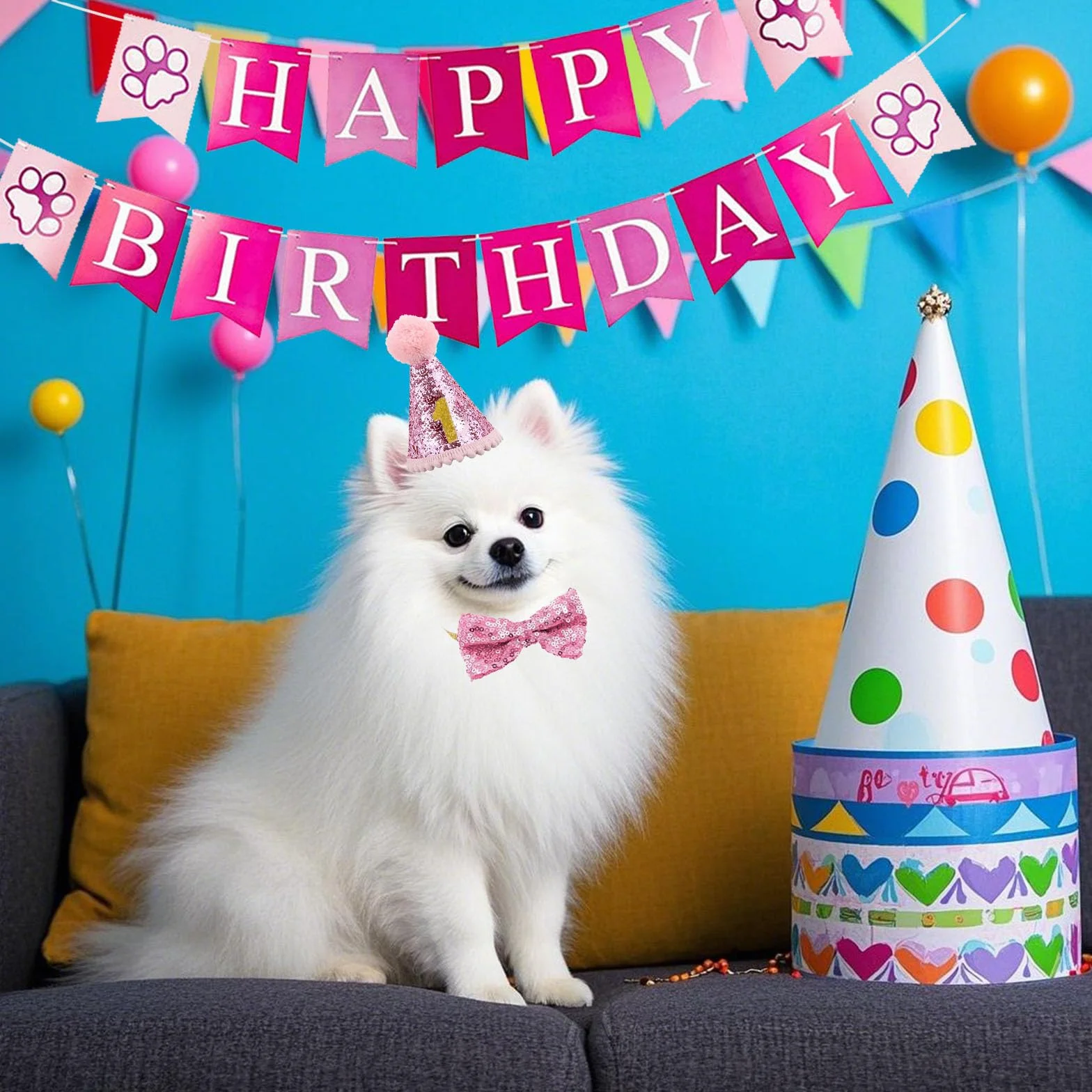 Kapelusz urodzinowy dla psa, zestaw 5 sztuk, bandana z 10 numerami Bling i banerem Happy Birthday, dekoracja urodzinowa (różowa)