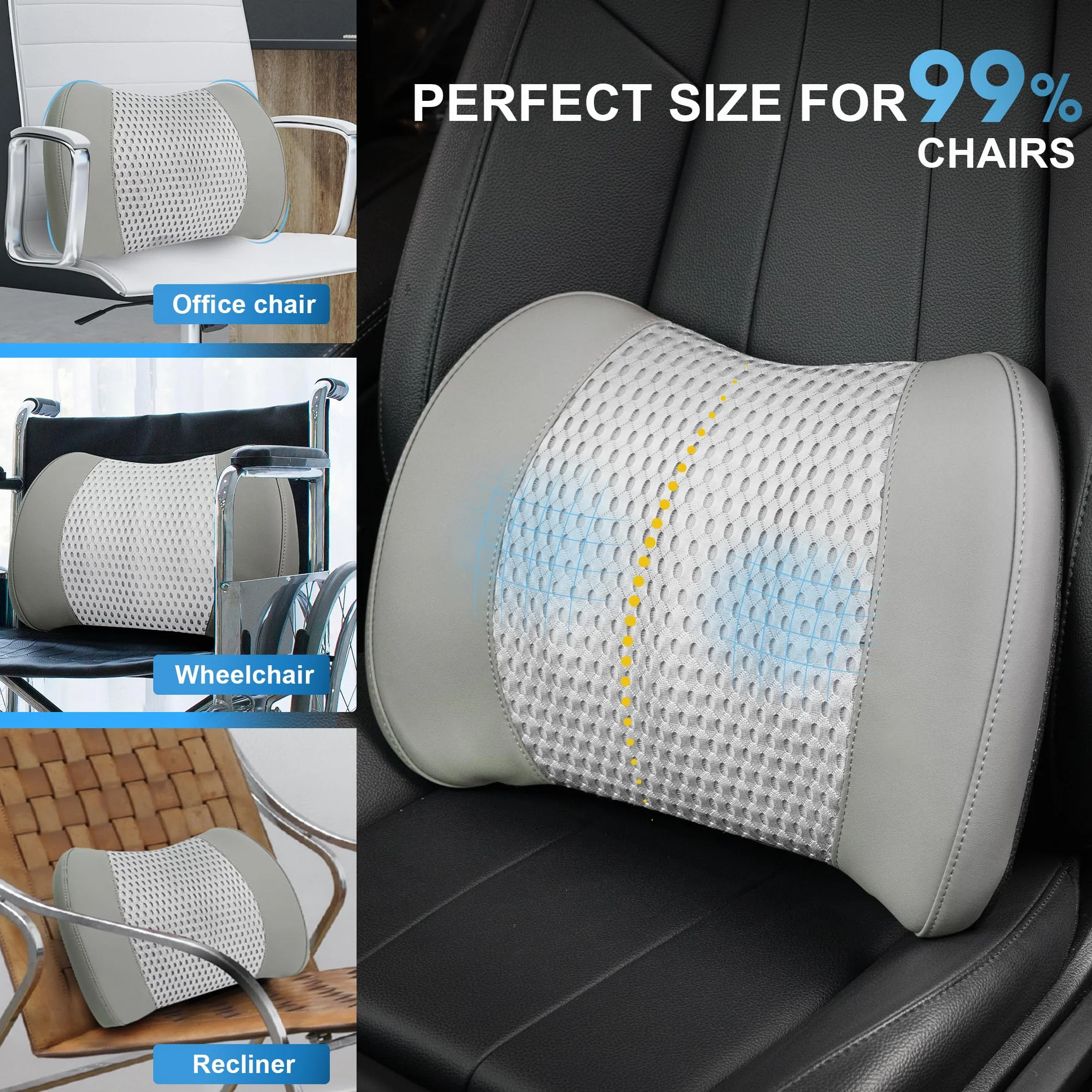 Lofty Aim Memory Foam Lumbar Support Cushion Relieves Lower Back Pain for Car, Office Chair, and Wheelchair Use, 4D Mesh Cover, Gray