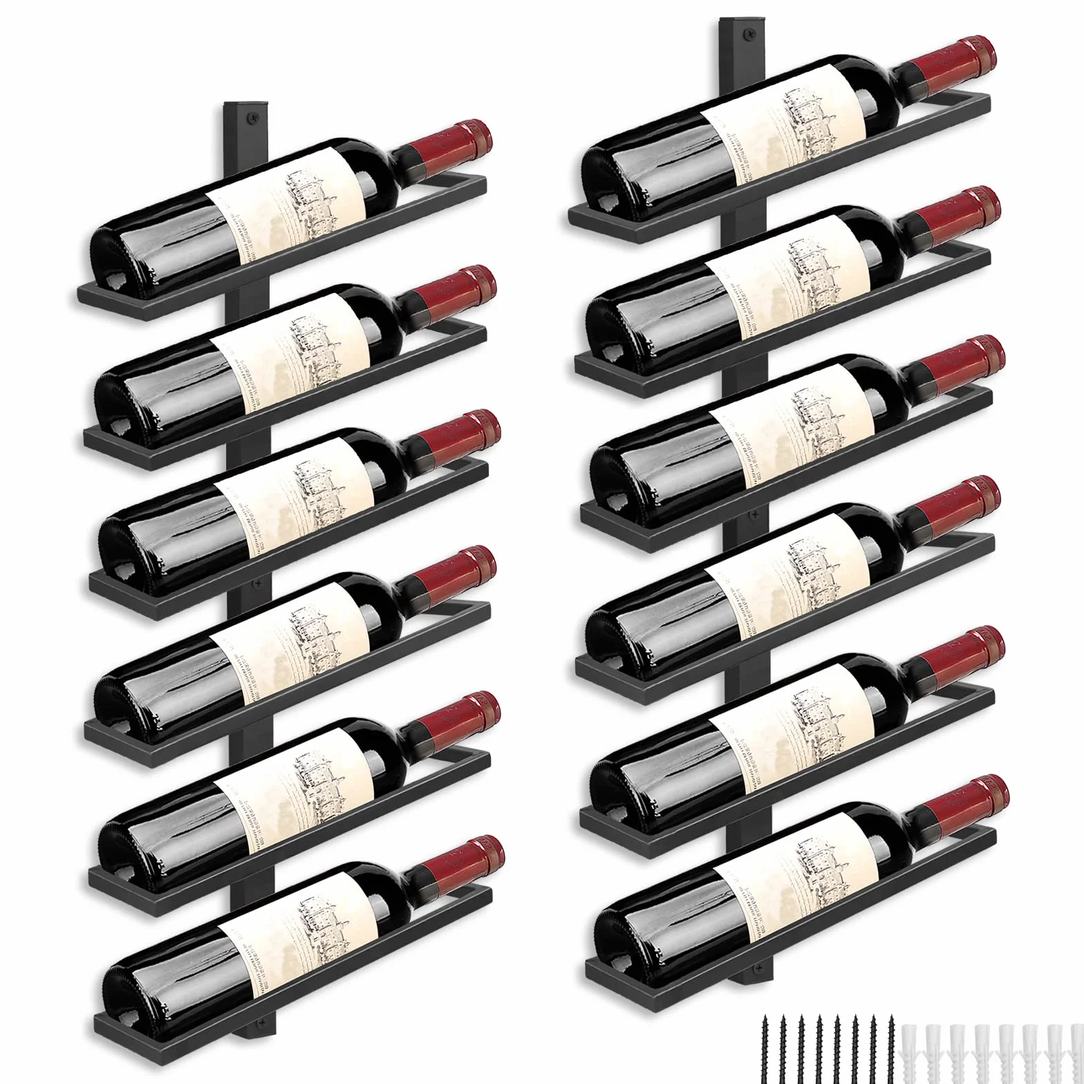 Regał Ścienny na Wino, 12 Butelek, Metalowy, Wiszący, Montaż Ścienny, do Przechowywania Butelek, do Kuchni, Jadalni, Baru (Nachylenie 12)