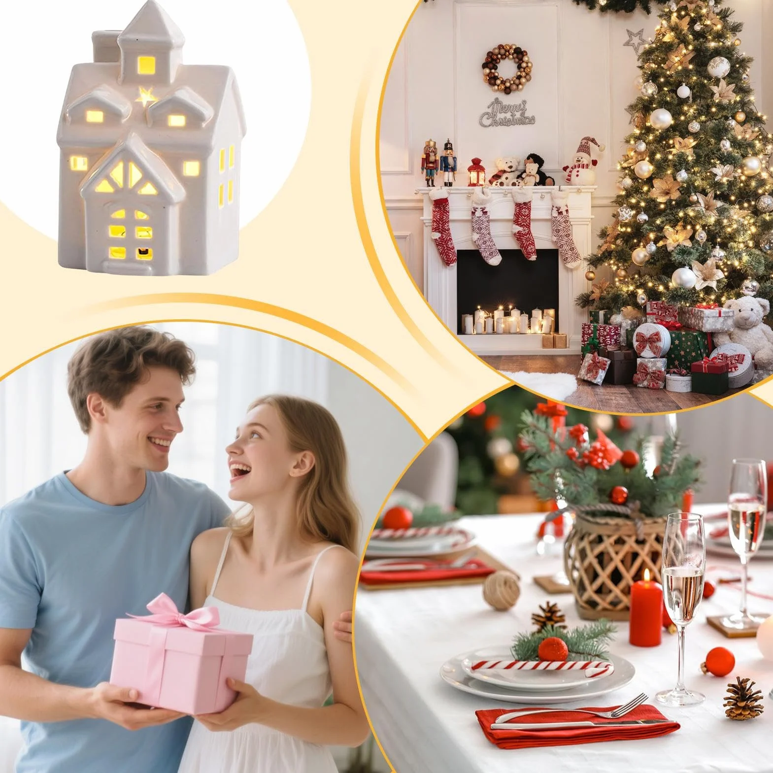 Ceramiczne domki świąteczne, miniaturowa dekoracja wioski świątecznej z oświetleniem LED, porcelanowe ręcznie robione domki świąteczne do świątecznego wystroju wnętrz, zasilane bateriami, ciepłe białe