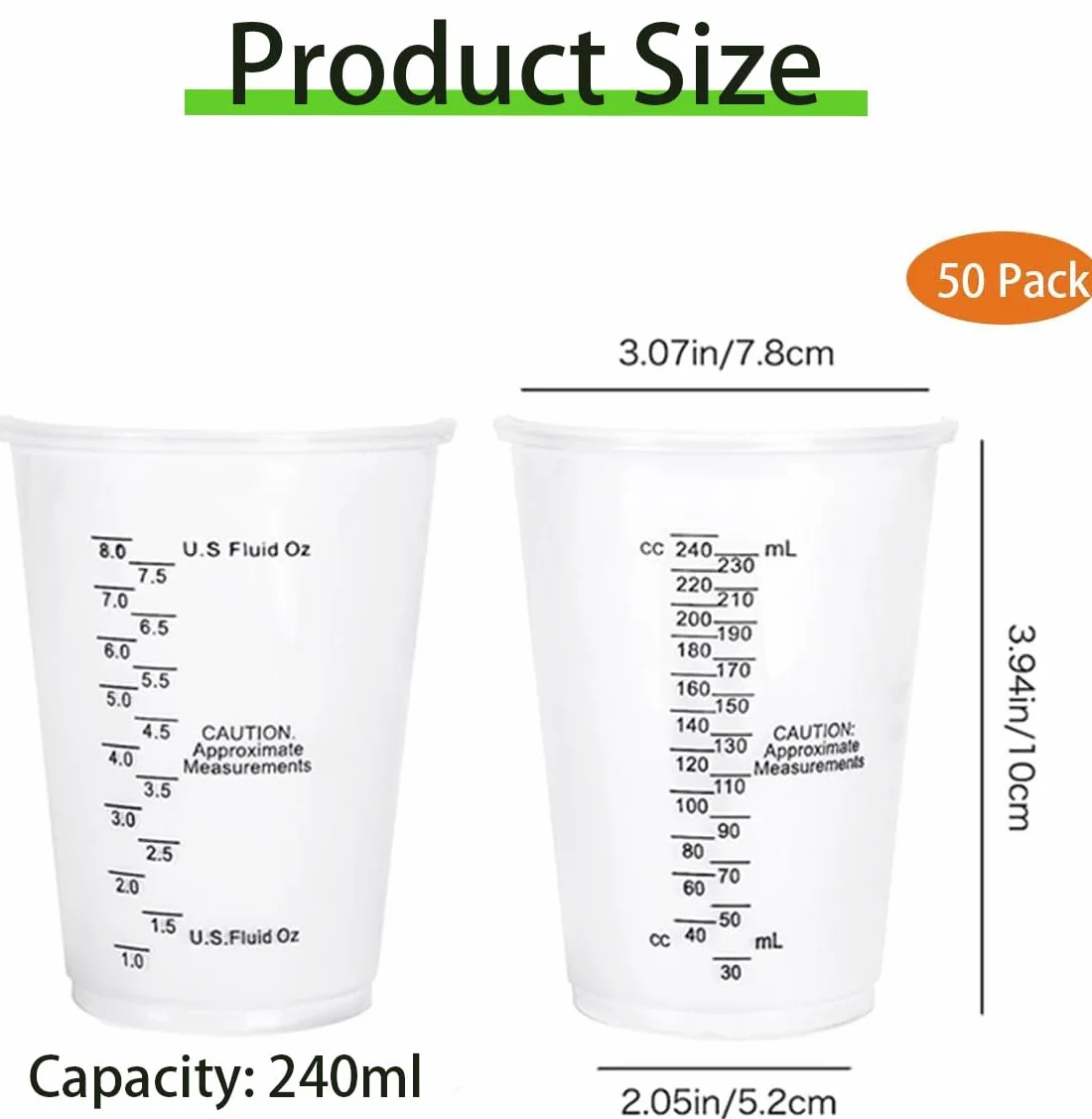 Kubek do mieszania z żywicy epoksydowej, kubek z miarką, do mieszania płynów, pigmentów, farb, 50 sztuk, 240 ml