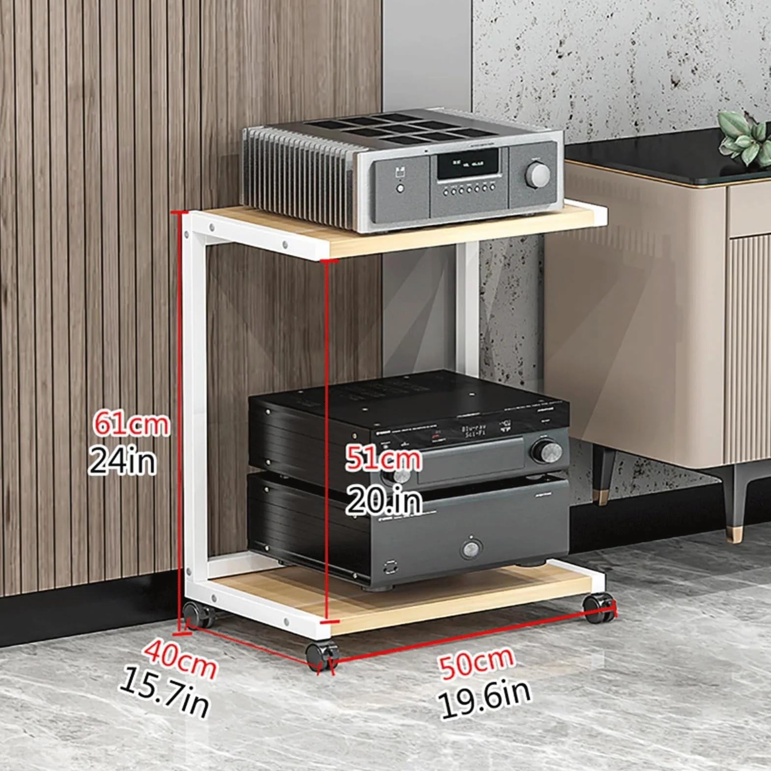 Stojak na multimedia AV, 2/3 poziomy z kółkami, drewniany stojak na gramofon, półki do gier, otwarte elementy stereo, wieża audio do gramofonu, biała, 61 cm