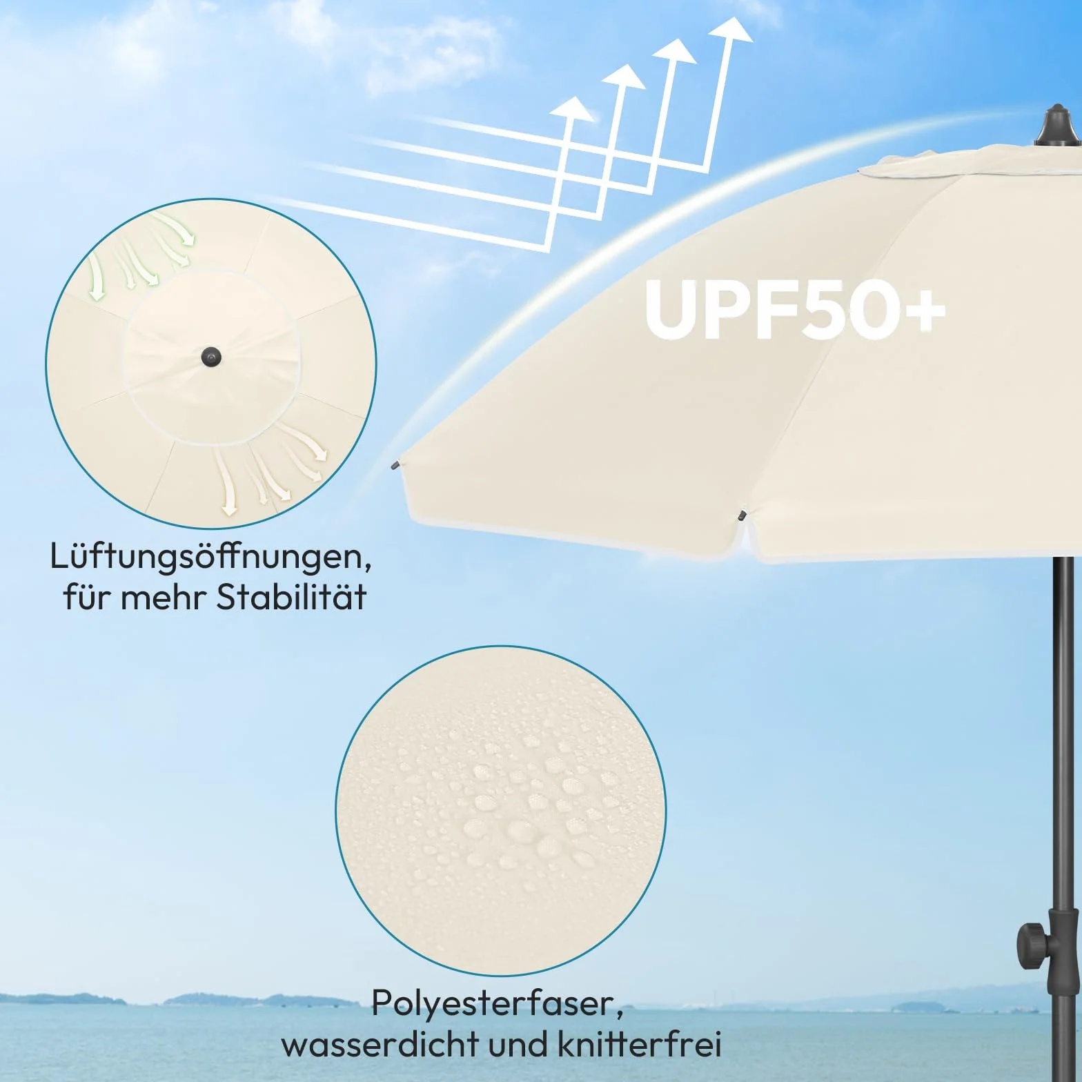 Laneetal Parasol plażowy φ135/155/175 cm, osłona przeciwsłoneczna z ochroną UV UPF 50+, regulacja wysokości i nachylenia, przenośny z torbą, wentylowany okrągły parasol do balkonu/ogrodu/plaży