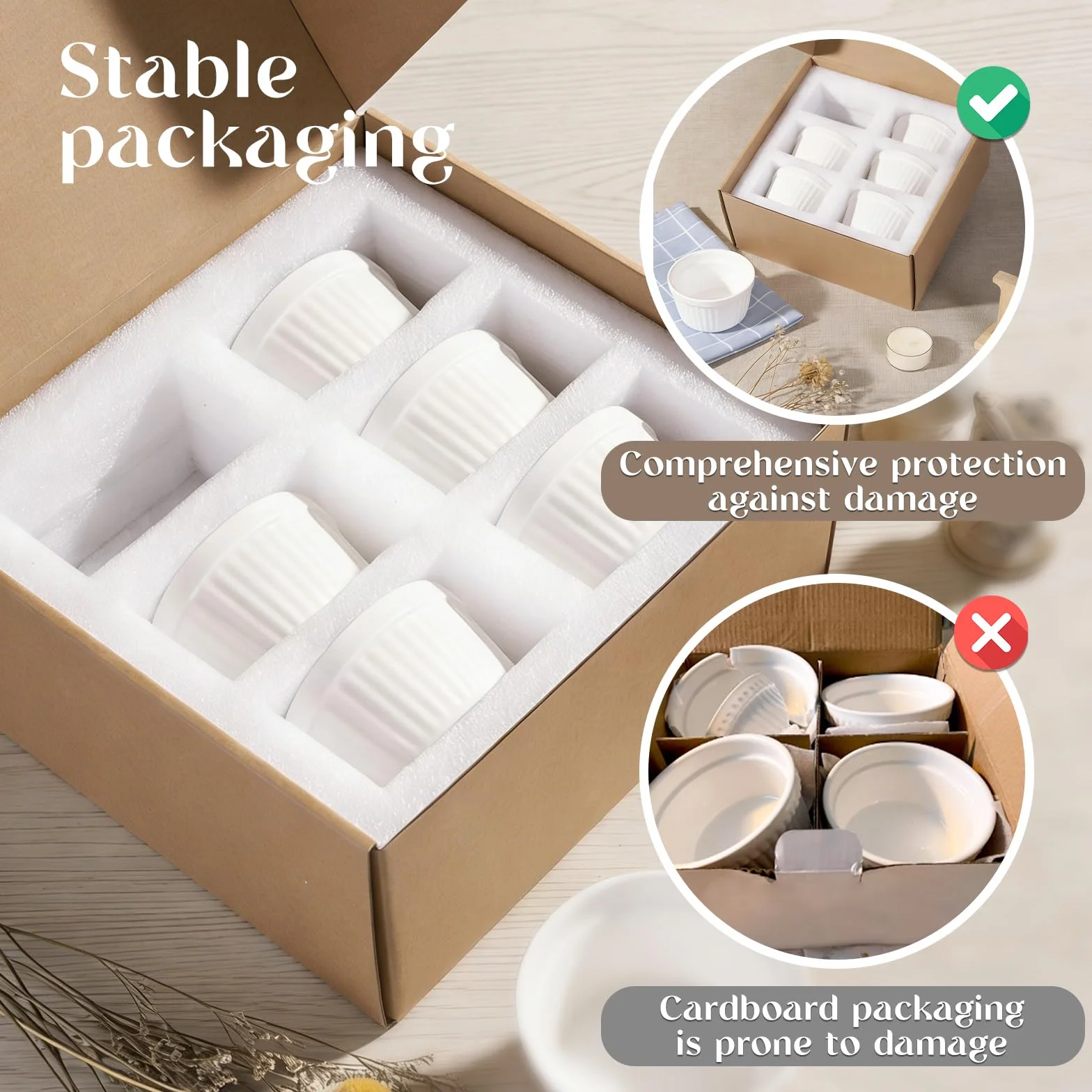 Ramekins zestaw 6 sztuk, 200 ml - 7 oz, porcelanowe ramekiny, ceramiczne naczynia do sufletu, ramekiny odporne na piekarnik, naczynie do crème brûlée 9 cm do ciast, puddingu, lodów i sosów