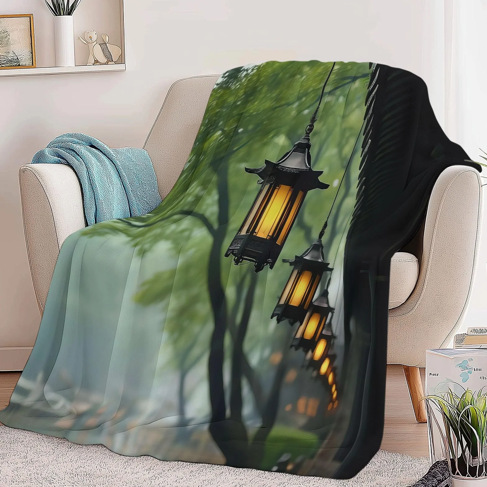 Łupek zielony koc narzuta, chińska architektura, okap, scena uliczna, całoroczny, flanelowy koc, 220 x 240 cm, łupkowa zieleń, miękki, lekki, przytulny, puszysty, pluszowy koc, prezent dla dorosłych
