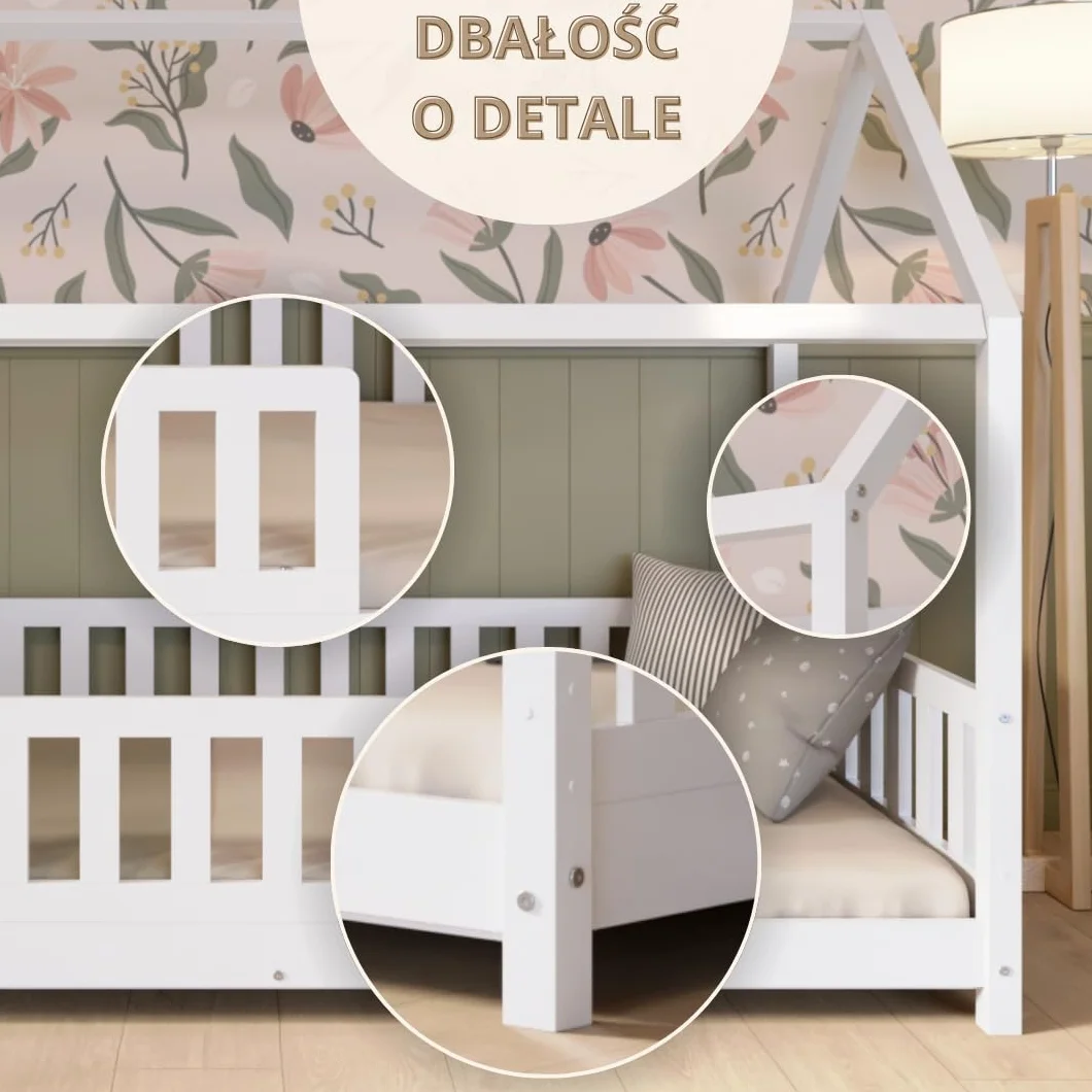 Łóżko domek Crazy Blanco 160 x 80 cm – Białe łóżko dziecięce z naturalnego drewna z odkręcaną barierką – Łóżko Montessori
