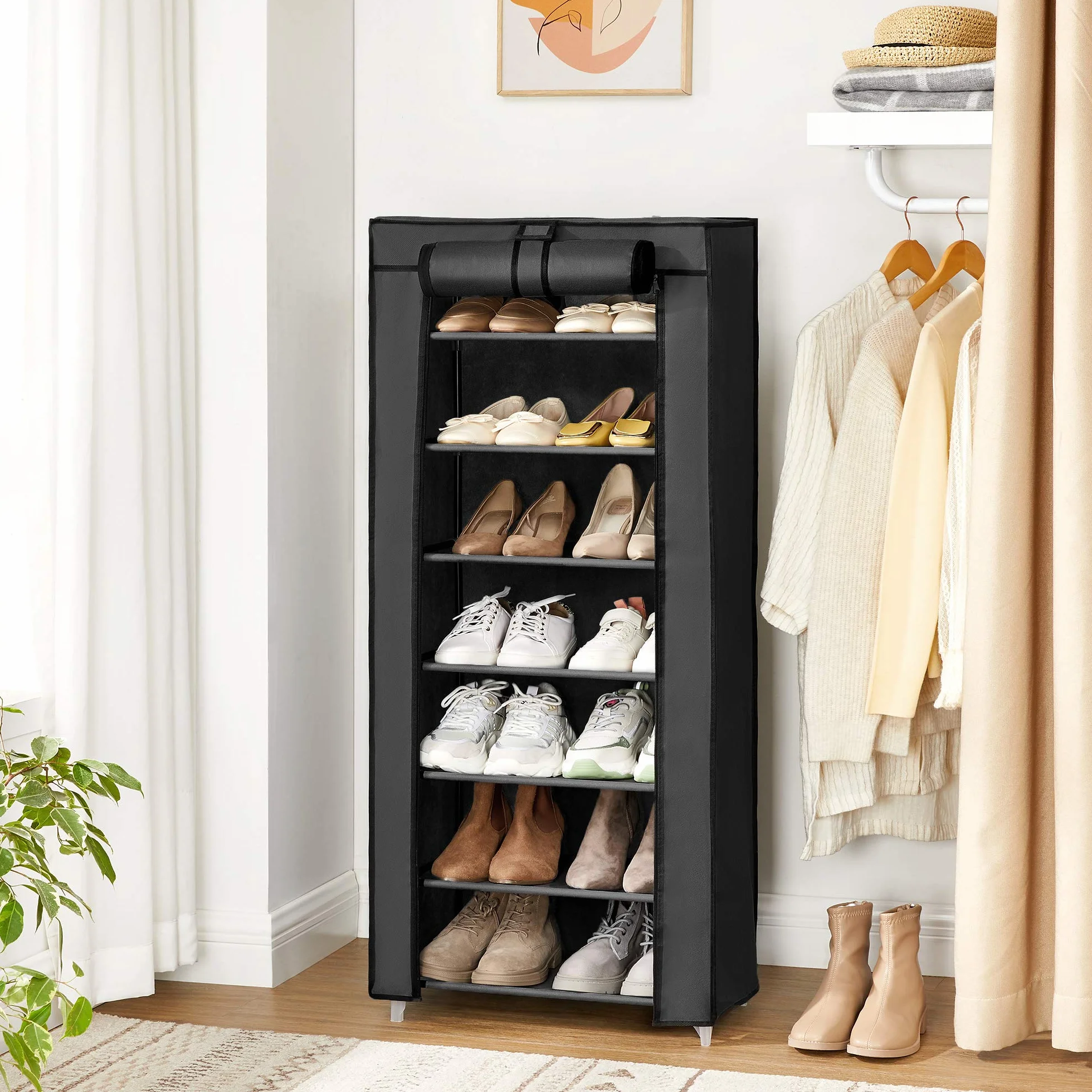 SONGMICS RXJ024B02V1 Regał na buty, szafka na buty, 7 poziomów, z obiciem z materiału, pojemna, szafka z materiału, przechowywanie butów, 46 x 28 x 126 cm (dł. x szer. x wys.), czarny