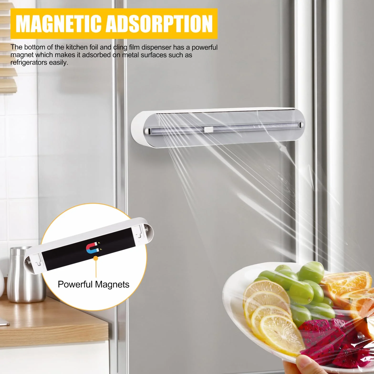 Magnetyczny dozownik folii spożywczej z krajalnicą – ulepszony nóż do folii, praktyczny dozownik folii aluminiowej do szuflady do kuchni, dozownik folii spożywczej 50 m, biały