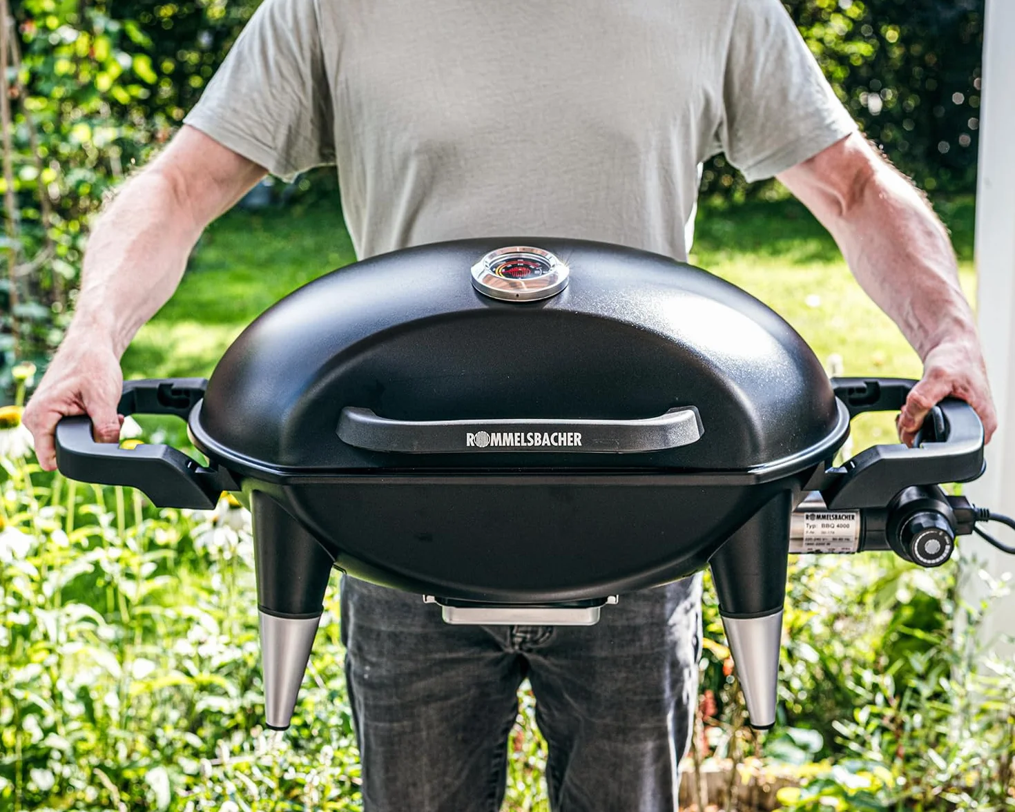 ROMMELSBACHER Barbecue BBQ 4000, 2-częściowy ruszt do grillowania z żeliwa, pokrywa na zawiasach ze wskaźnikiem temperatury, temperatury do 300°C, bezstopniowa regulacja, możliwość rozszerzenia o
