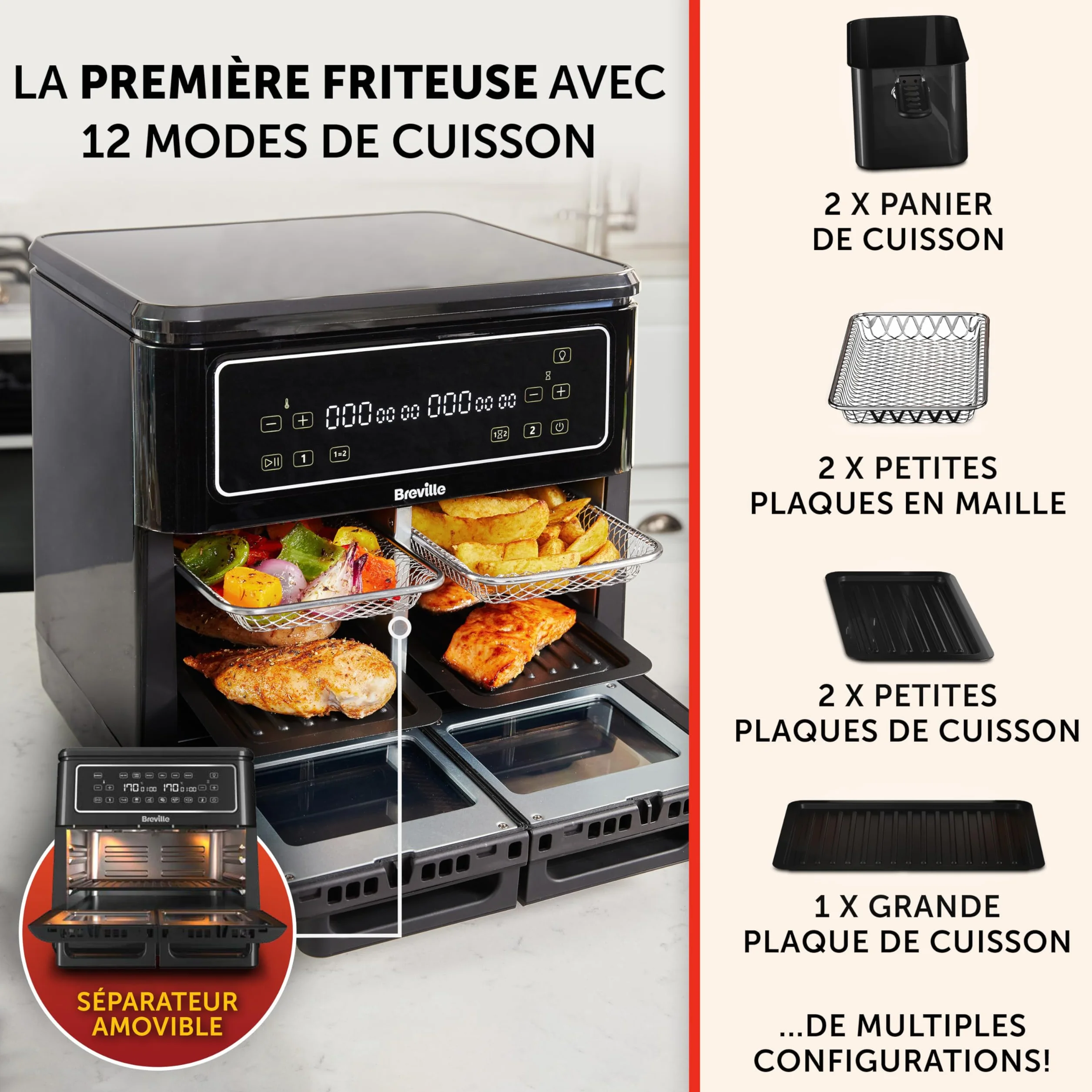 Breville Halo Flexi frytkownica na gorące powietrze, cyfrowa, dwukomorowa, 11 l, dla ponad 10 osób, smażenie, grillowanie, smażenie, podgrzewanie, 2400 W [VDF130X]