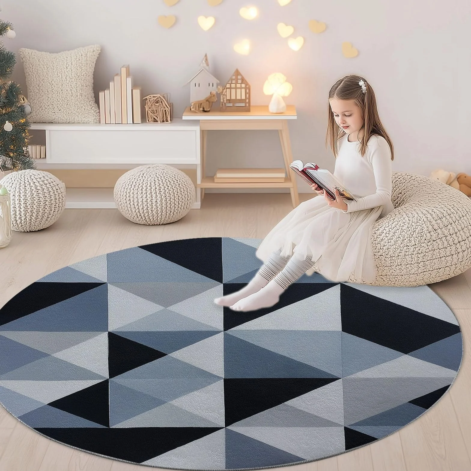 Abstrakcyjny okrągły dywan szary czarny do salonu, geometryczne kolorowe klocki z nadrukiem antypoślizgowa mata podłogowa dekoracja - 100 cm do salonu sypialnia kuchnia balkon taras jadalnia