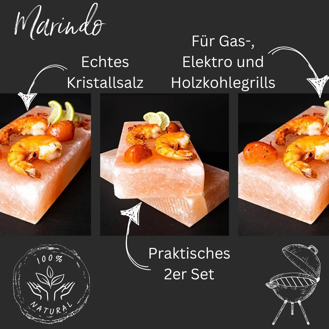 Marindo Chef BBQ grill solny XL (zestaw 2 szt.) 20 x 20 x 4 cm razem | kamień solny do grillowania | bardzo gruby kamień solny: 20 x 10 x 4 cm | zestaw 2 szt. | w zestawie instrukcja obsługi (może nie