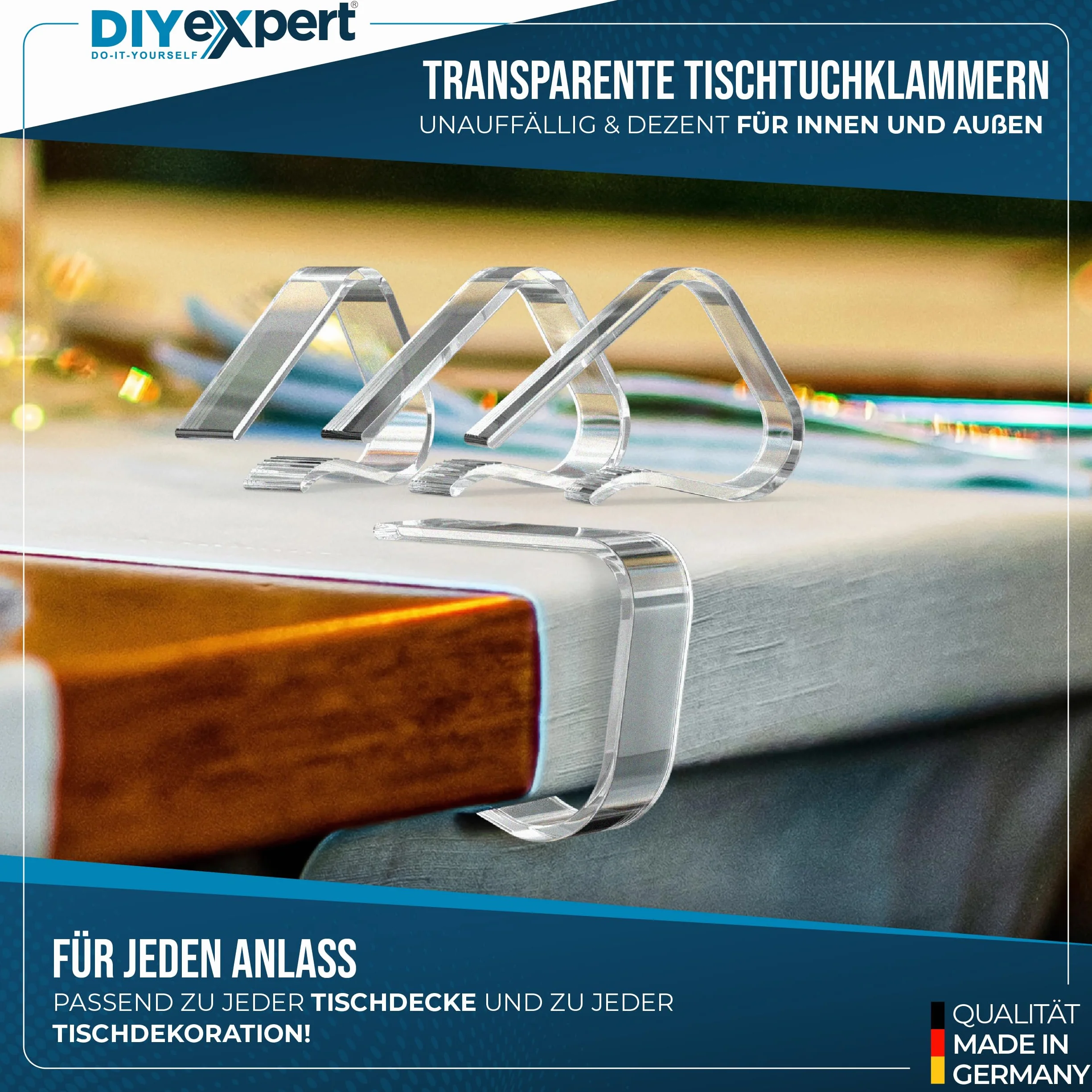 DIYexpert Przezroczyste klamerki do obrusu Made in Germany [do 45 mm] [8 sztuk] stabilne klamry do obrusów – odporne na warunki atmosferyczne i antypoślizgowe – klamry do stołu, do ogrodu, na balkon i