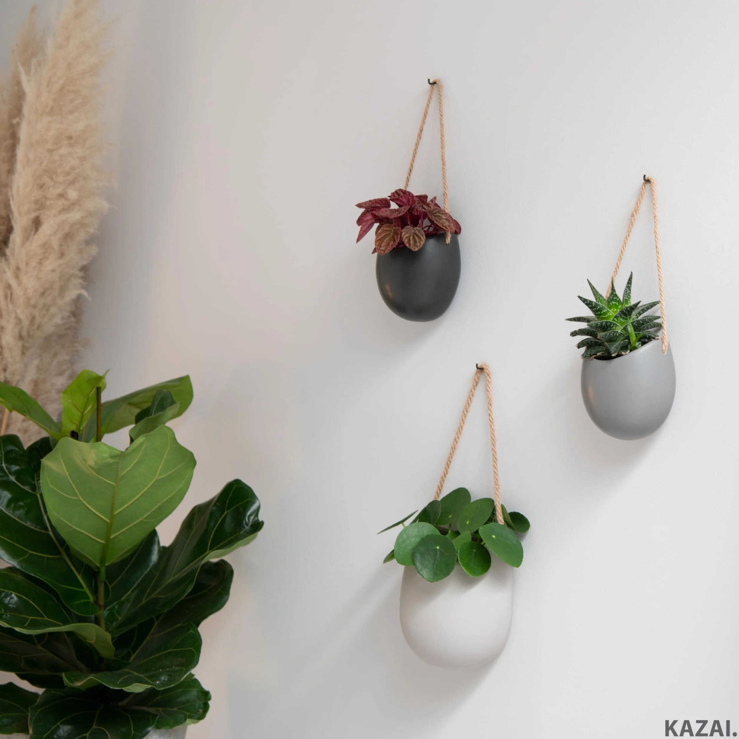 Kazai.® Donice Ścienne -Ellie- | Wiszące Ceramiczne Doniczki 3 sztuki | Dekoracja Ścienna do Wnętrz, Balkonów i Ogrodów | Grafitowy (matowy)