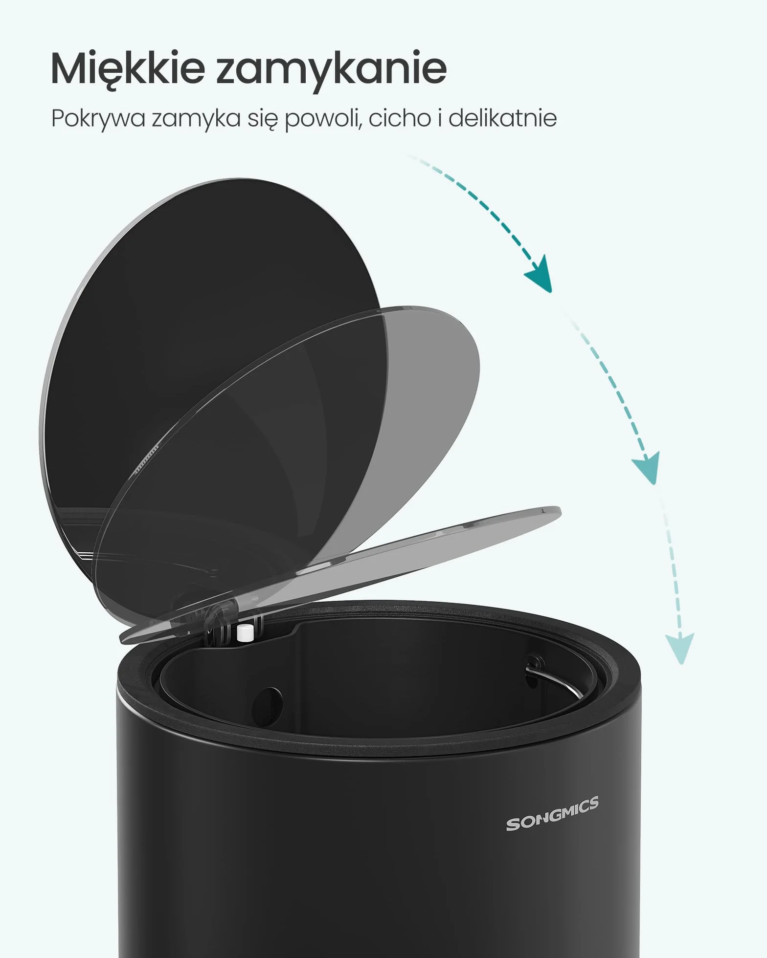 SONGMICS LTB012BZ01 Kosz łazienkowy z pokrywką, kosz na kosmetyki, 6 l, mały kosz na śmieci, miękkie zamykanie, wyjmowane plastikowe wiadro wewnętrzne, do sypialni, biura, stal, czarny atrament