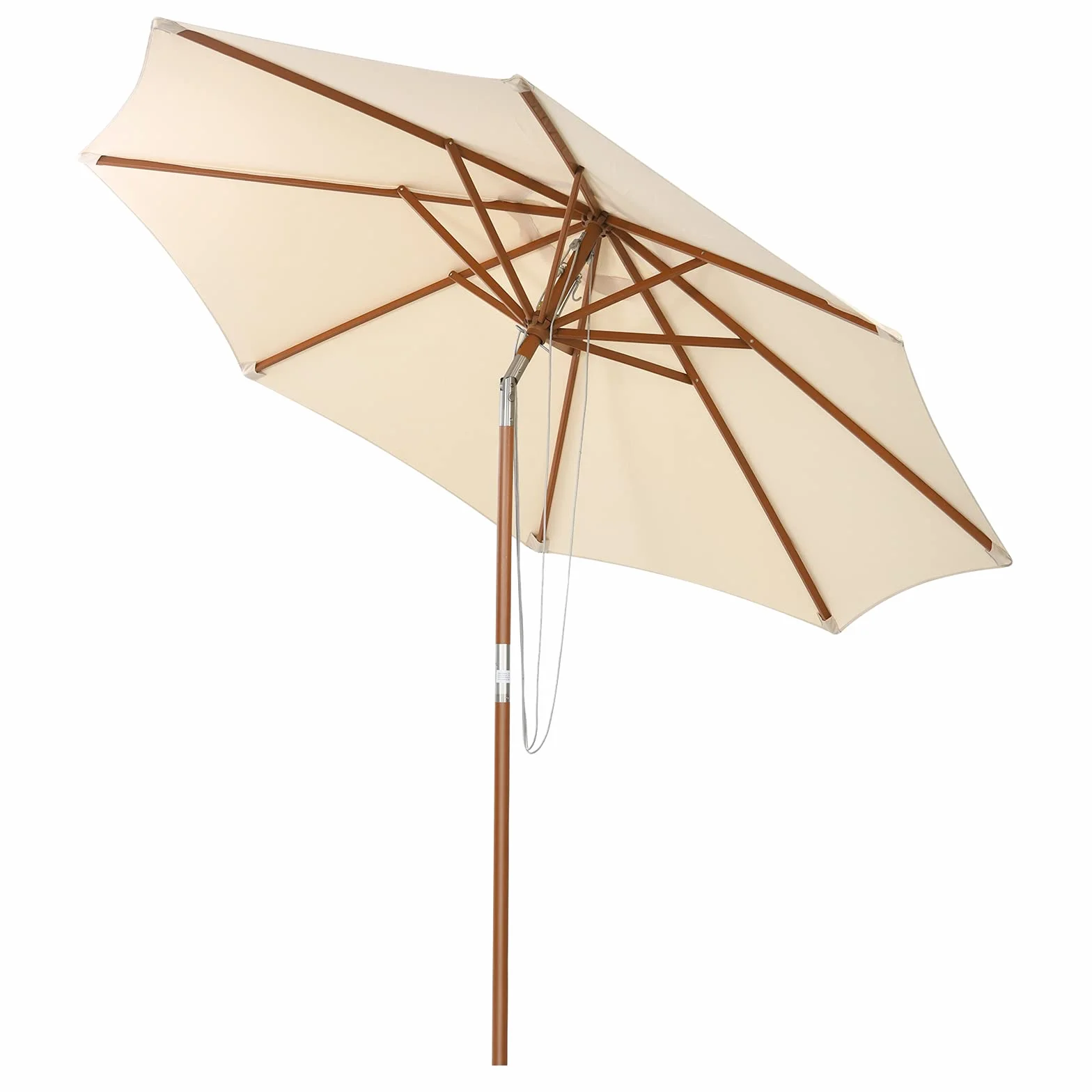 KOMFOTTEU Parasol przeciwsłoneczny, składany, 270/300 cm, z drewna, parasol targowy z 8 podpórkami, parasol tarasowy, możliwość przechylania, do ogrodu, na plażę, balkon, beżowy