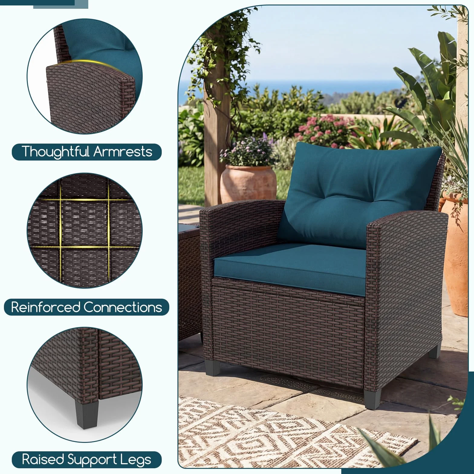 GIANTEX Zestaw mebli ogrodowych, 3-częściowy rattan, 2 fotele z poduszkami i 1 stolikiem kawowym ze szklanym blatem, meble ogrodowe na taras, patio (ciemnoniebieski)