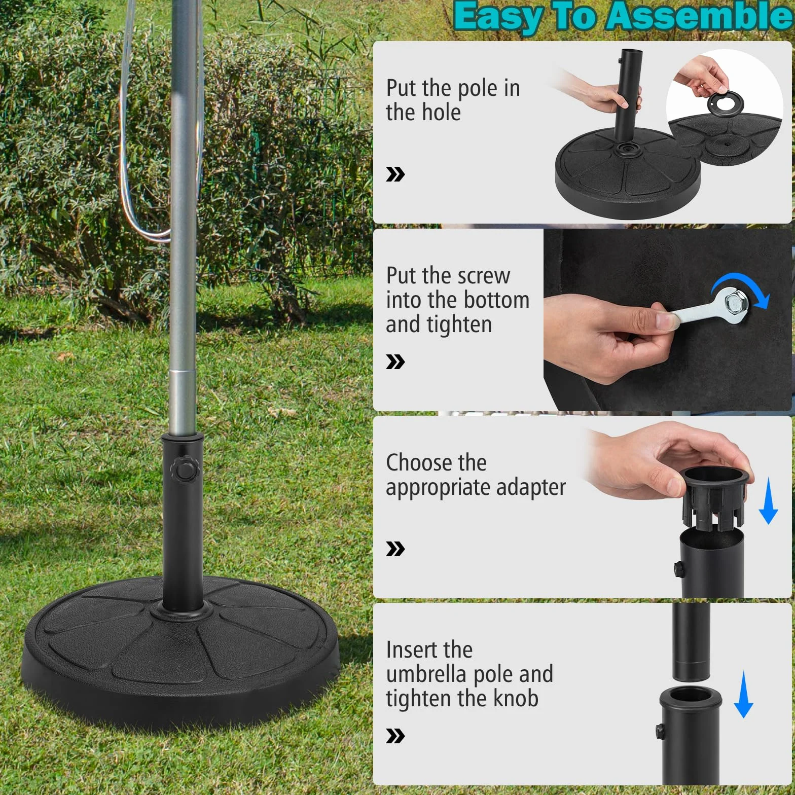 KOMFOTTEU Podstawa parasola z żywicy Φ38/48 mm, uchwyt na parasol ogrodowy na zewnątrz 14/19 kg, stojak na parasol przeciwsłoneczny do ogrodu, na taras, balkon (Φ45 x 35 cm, 14 kg)