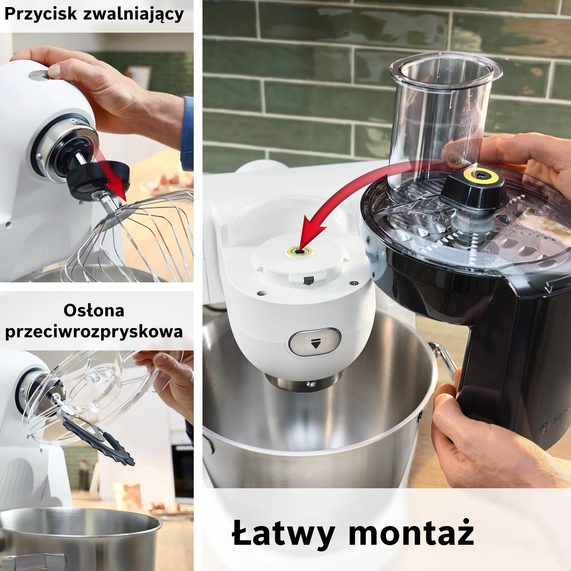 Bosch, robot kuchenny, Series 6, 1600 W, mieszanie planetarne 3D, zestaw cukierniczy, tarka wielofunkcyjna, szklany blender ThermoSafe, biało-srebrny ze stali nierdzewnej, MUMS6EW22