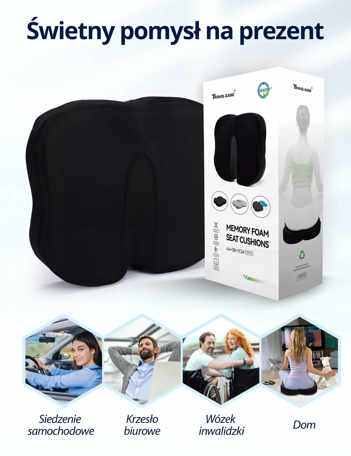 Travel Ease Ergonomiczna Poduszka na Siedzenie, Premia Podkładka z Pianki Żelowej z Pamięcią, Komfort przy Długim Siedzeniu, Podpórka Biodrowa do Krzesła Biurowego, Fotela Samochodowego (Czarny)