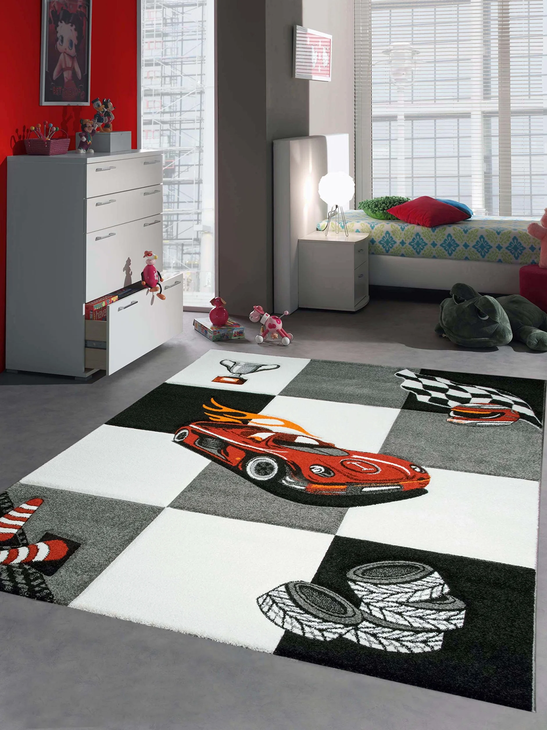CARPETIA Dywan dziecięcy do zabawy, dla chłopców, do pokoju dziecięcego, wzór z samochodem wyścigowym, czerwony, czarny, rozmiar: 120 cm okrągły