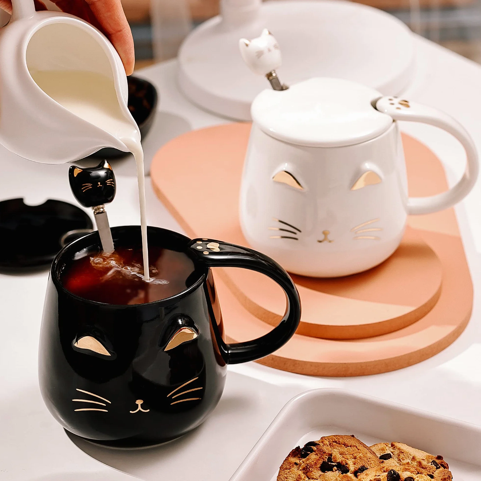 Uroczy kubek z kotem, ceramiczny kubek do kawy z pokrywką Kawaii i uroczą łyżeczką ze stali nierdzewnej, nowatorski poranny kubek do kawy, mleka, herbaty, kubki 3D, dla miłośników kotów
