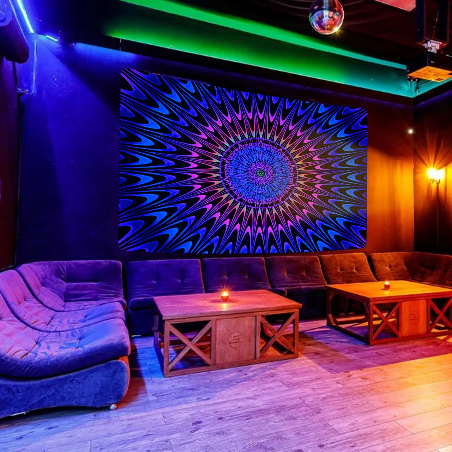 Alishomtll Czarno-kolorowy, dywan ścienny w stylu boho, mandala, reaktywna na promieniowanie UV, psychodeliczny hipisowski dywan ścienny, dekoracja domu, do sypialni, na imprezę, 210 x 150 cm