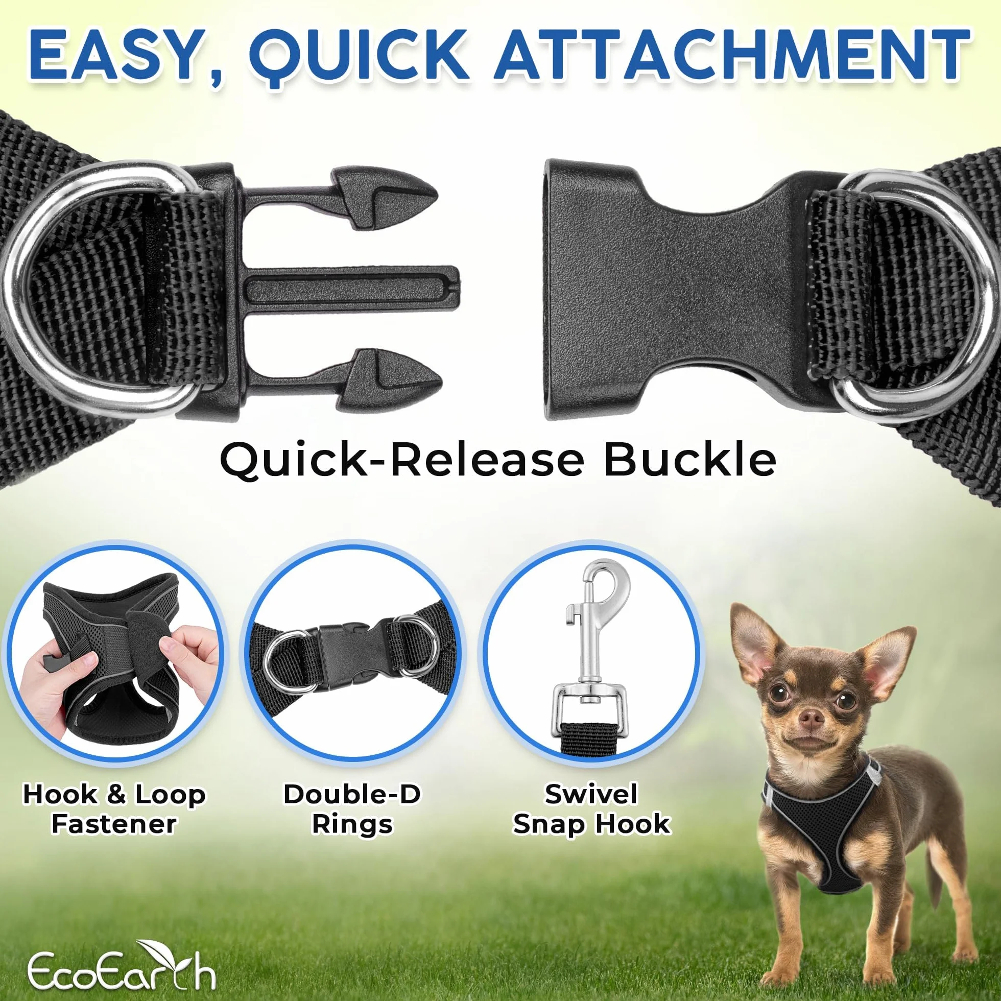 EcoEarth Dog Harness and Leash Set Large Black Soft Padded No Pull Reflective for Small Medium Dogs