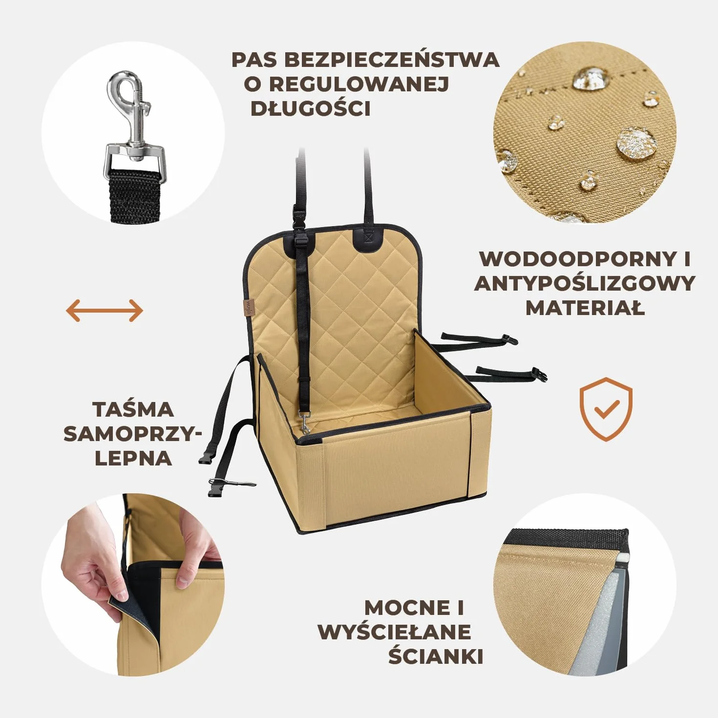 Fotelik Samochodowy dla Psa Wodoodporny Wzmocnione Ściany 3 Pasy Beżowy