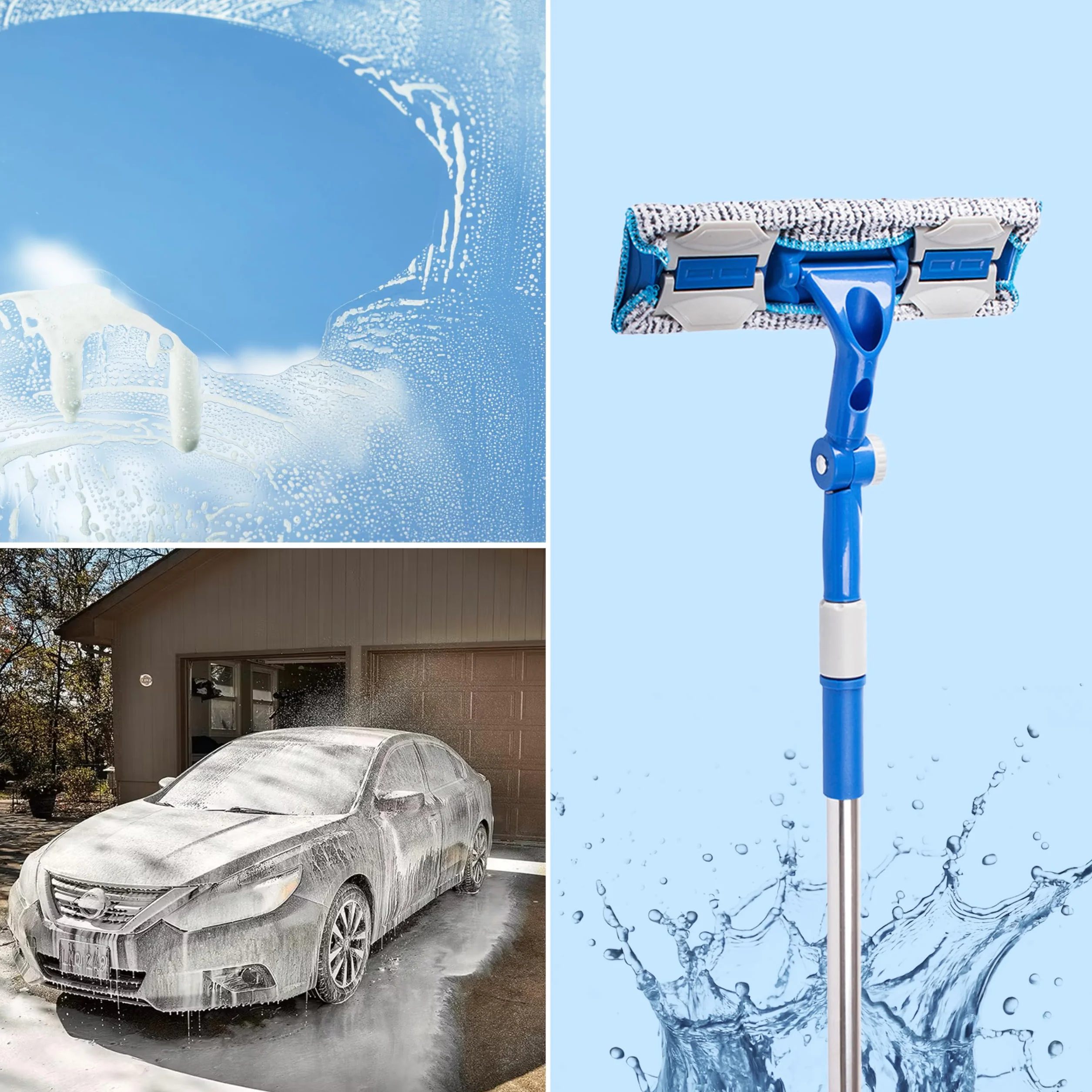 2 w 1 myjka do okien z uchwytem teleskopowym – mikrofibra i gumowa warga do okien, luster, kabin prysznicowych – wysuwany w zakresie 86-133 cm (niebieski)