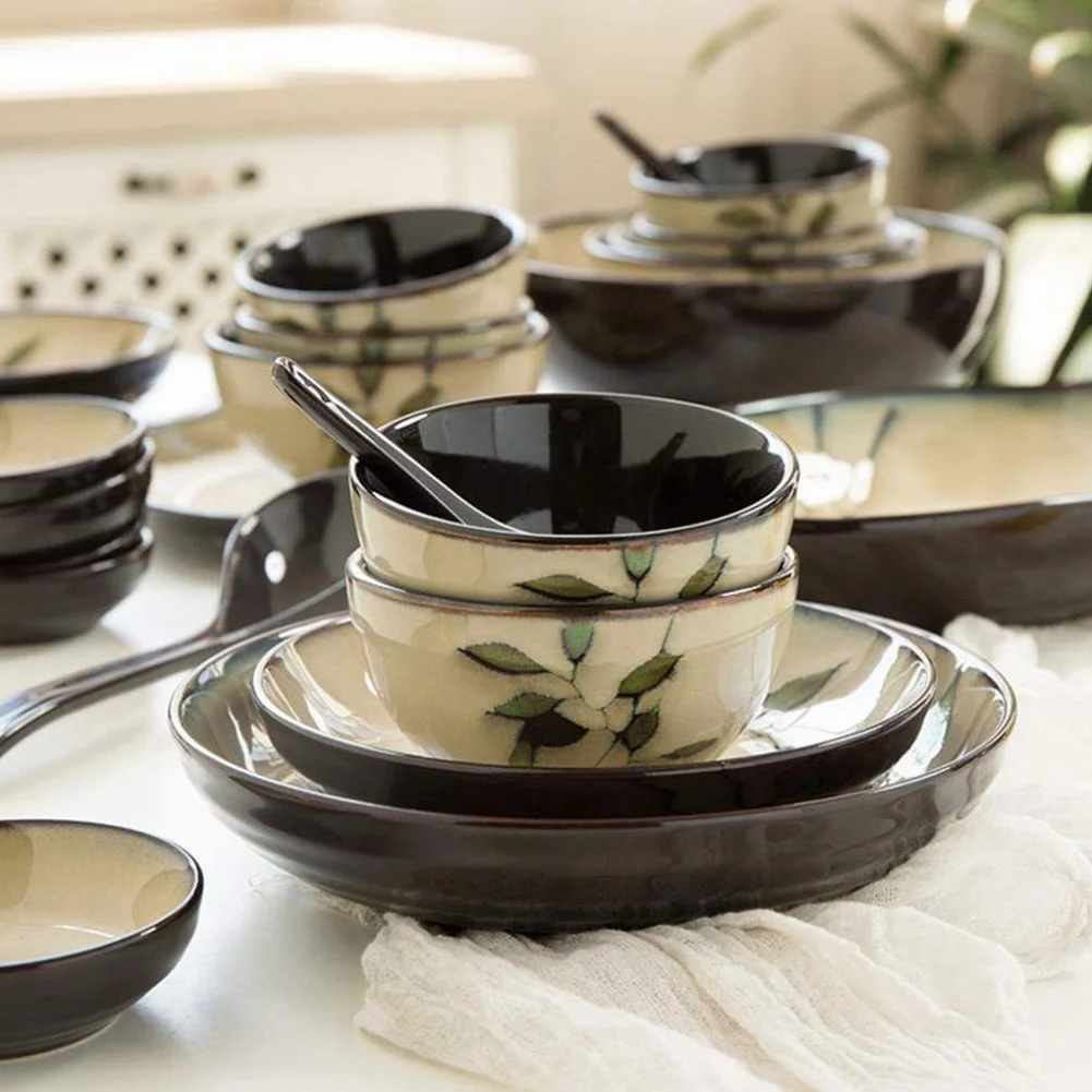 28-częściowy zestaw obiadowy z motywem liści Zestaw porcelanowej zastawy stołowej Talerze obiadowe Talerze do zupy i talerze deserowe Filiżanki i spodki