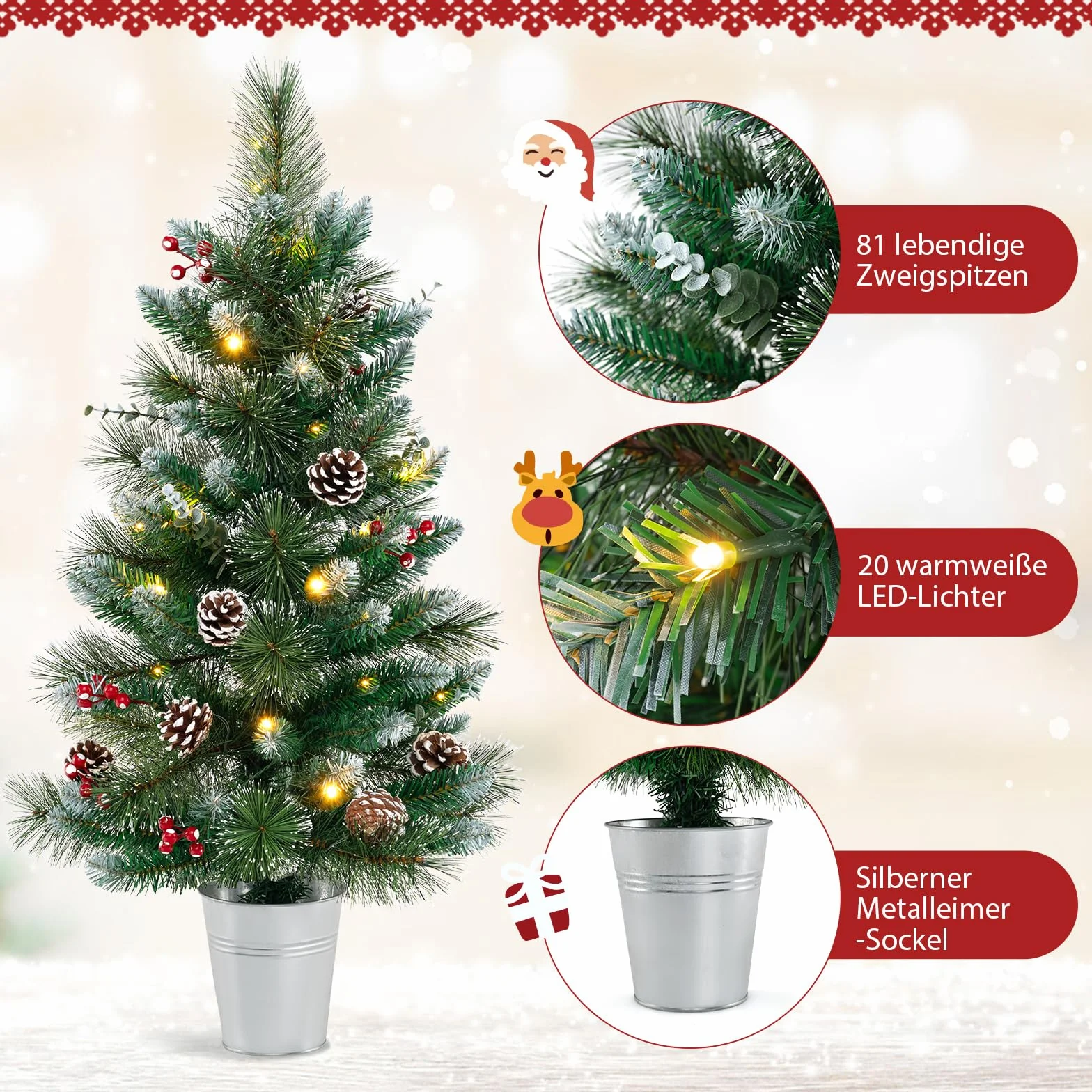 COSTWAY Sztuczna choinka 90 cm z oświetleniem, mała choinka w doniczce, choinka stołowa z 20 diodami LED, 8 trybów, timer, jagody i szyszki jodłowe do dekoracji bożonarodzeniowej