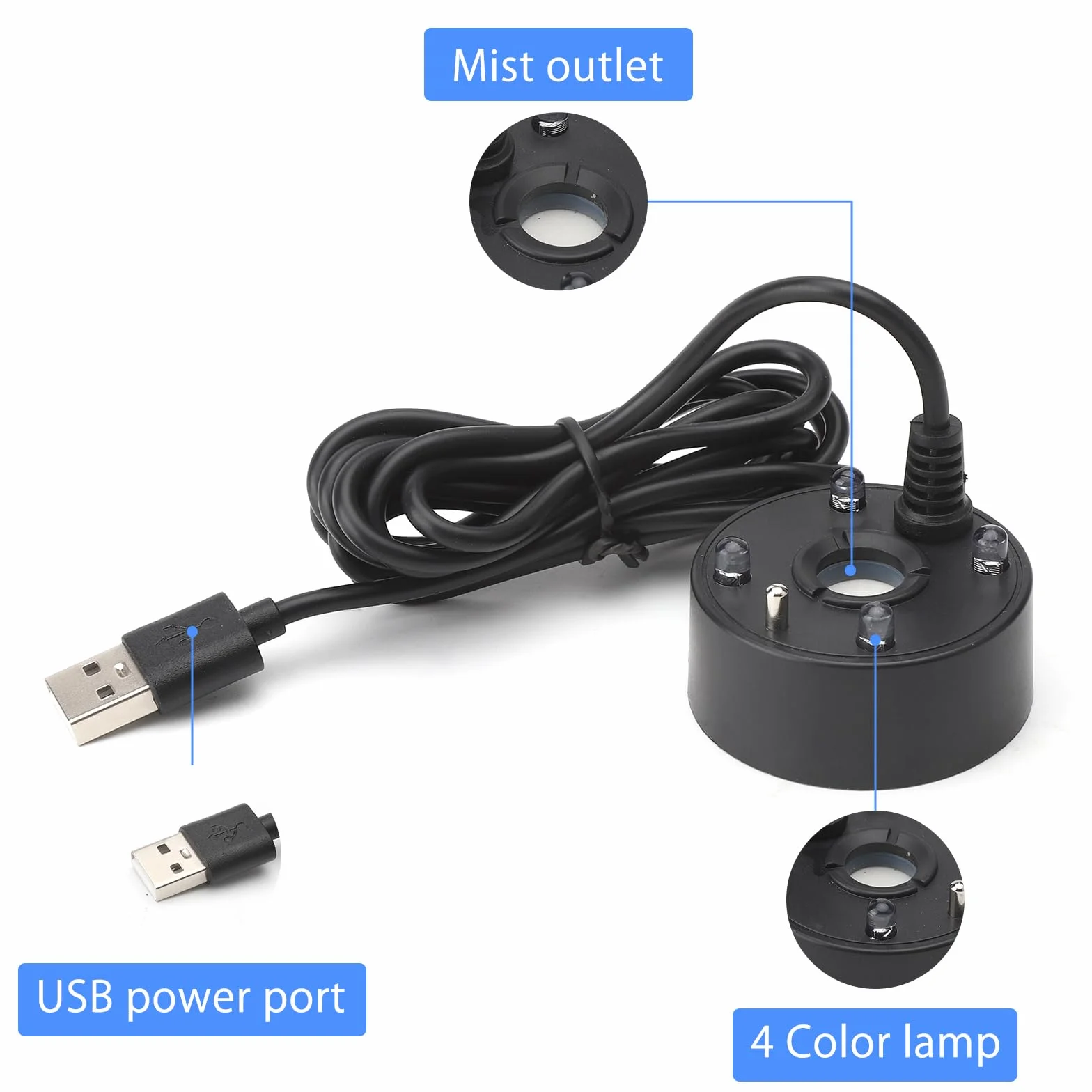 APOMOONS Wytwornica mgły do akwarium, ultradźwiękowy nebulizator, USB LED, zmiana koloru, urządzenie przeciwmgielne z ochroną przed brakiem wody, do fontanny, stawu, akwarium, łatwy w obsłudze, 5 V