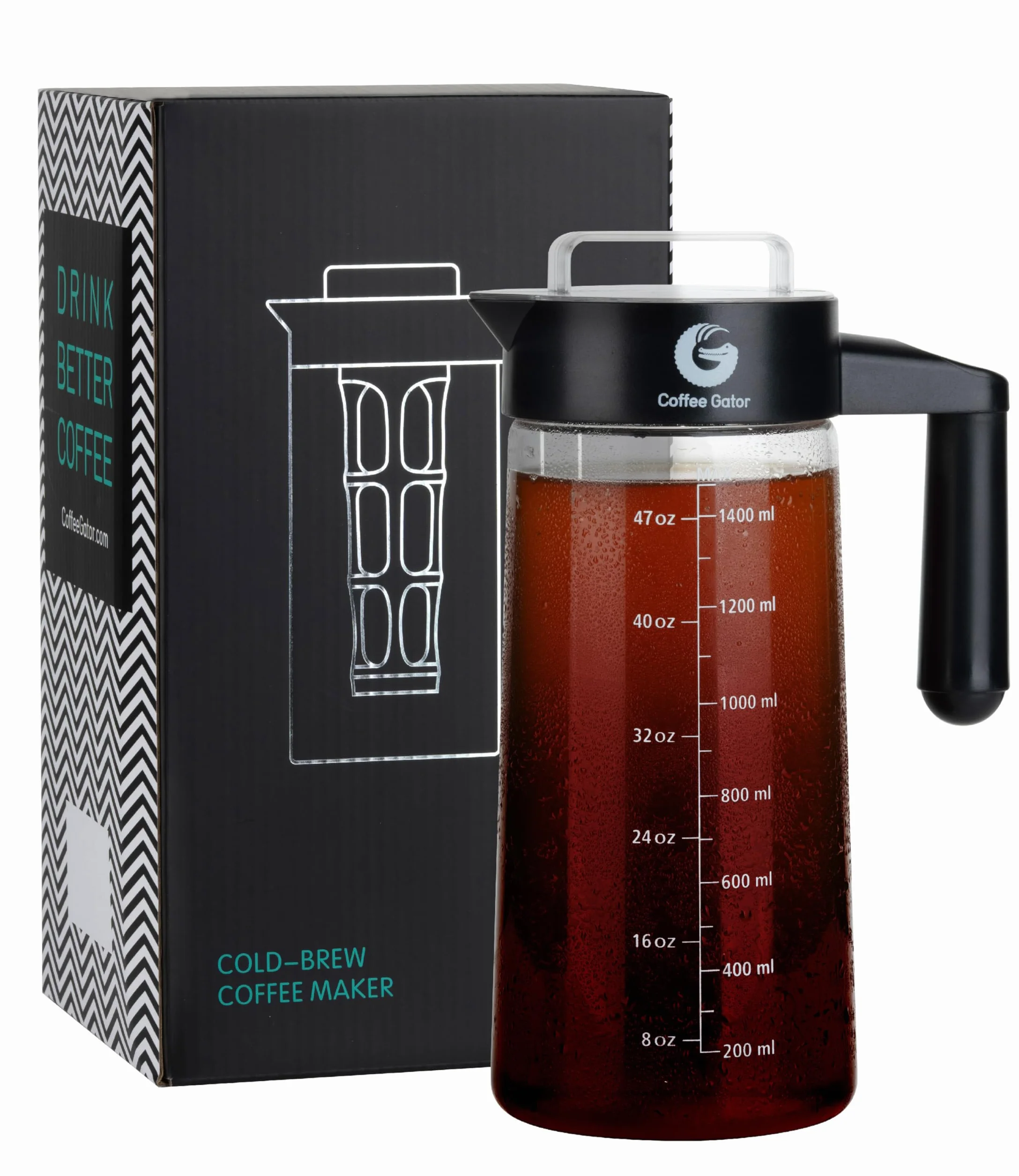 Coffee Gator Ekspres do kawy Cold Brew, filtr bez BPA i szklana karafka, zestaw do parzenia z miarką ze stali nierdzewnej i składanym lejkiem załadunkowym, czarny, 1,4 l
