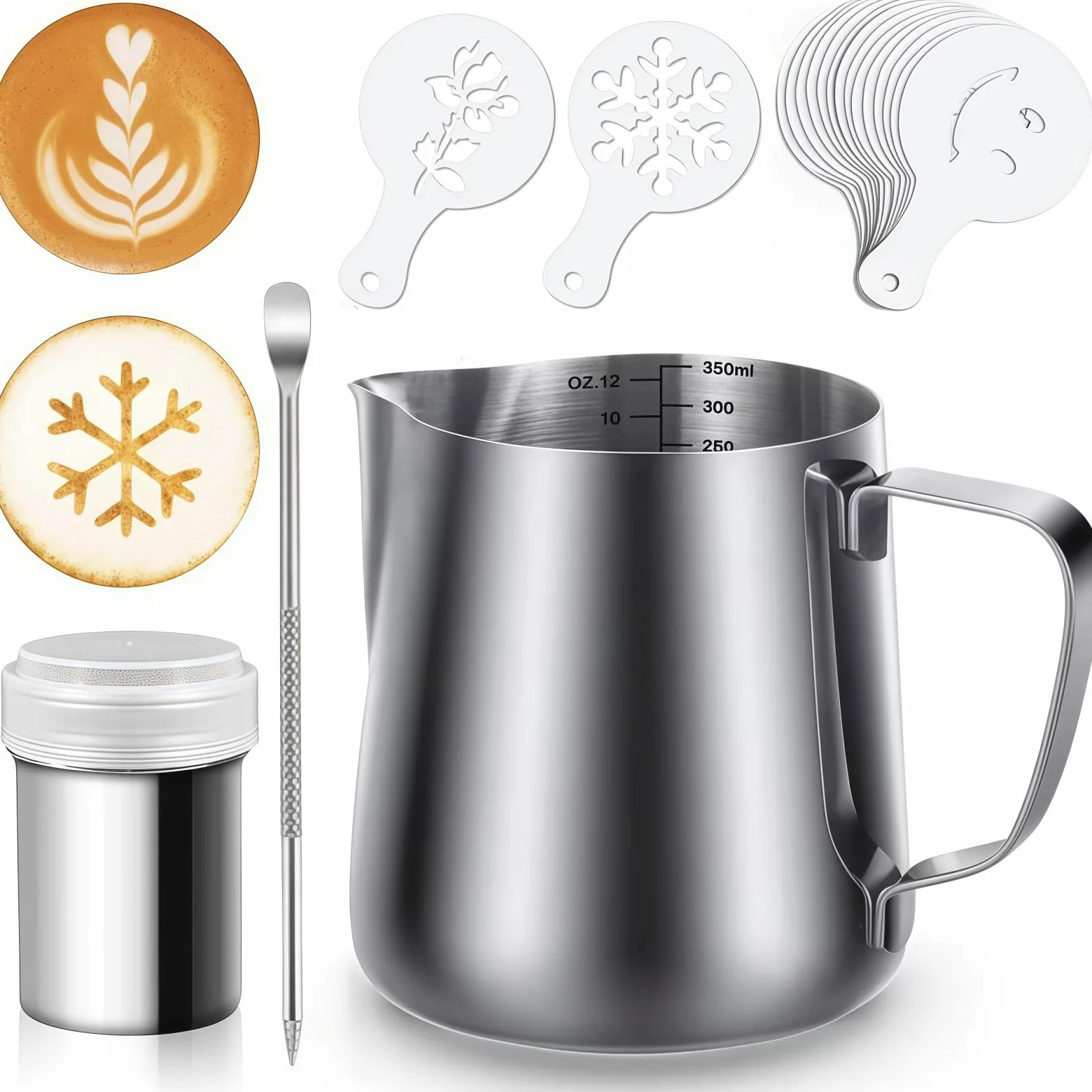 Dzbanek na mleko ze stali nierdzewnej, dzbanek do spieniania mleka, stal nierdzewna, 350 ml, z miarką i rysikiem do latte Art Pen + puszka do posypywania + 16 szablonów z motywami do cappuccino
